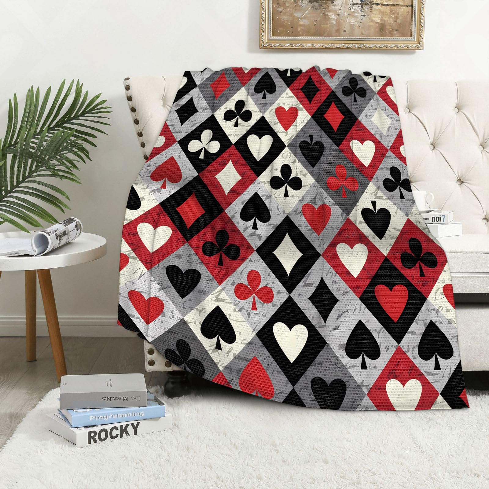 MAAPCHP Flannel Fleece Blanket Throws for Sofa Fluffy Blanket Bed Throw for Bedroom Seamless pattern with card suits. red and black vector icons as background. Diam Blanket for Bed, Couch,Car 50x60in