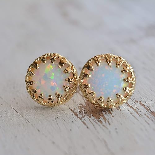Miniatura 14 de 14K Gold Jade Earrings,8mm - Light Green Stone Stud Gold Filled Crown Jewelry Set for women Jade,Crystal Aquamarine,Moonstone,White Opal