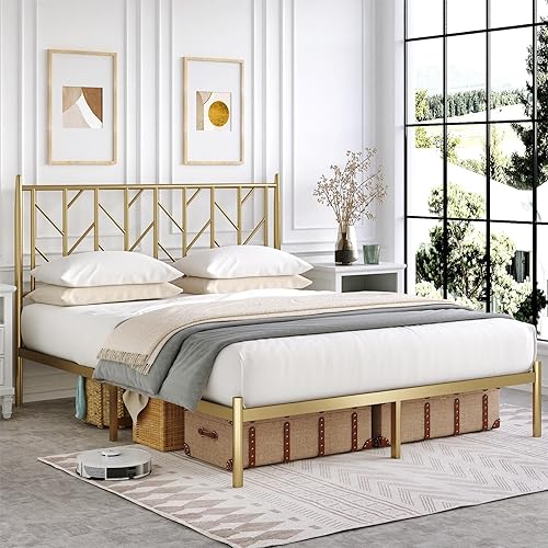 HOMFAMILIA Marco de cama de metal dorado tamaño Queen con cabecero, marco de cama de plataforma vintage con almacenamiento debajo de la cama de 17