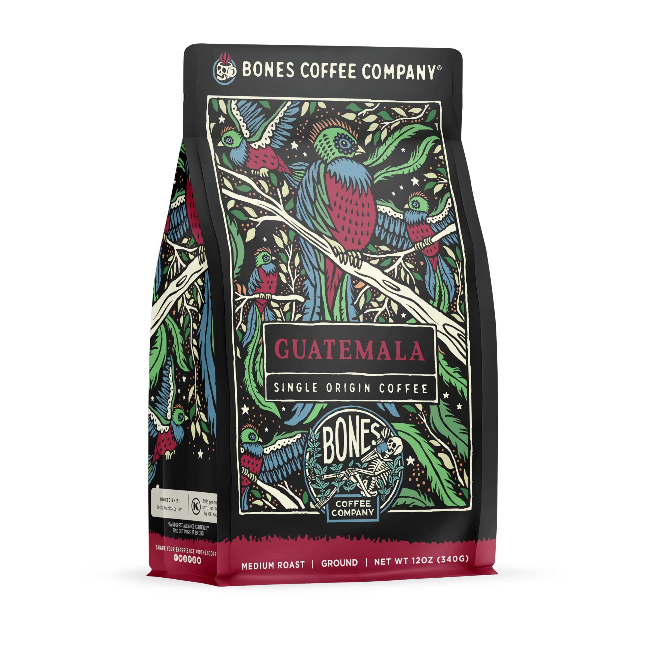 Bones Coffee Company Guatemala Single-Origin, Milk Chocolate, Citrus and Caramel Notes, Ground Coffee Beans, Low Acid Medium Roast Arabica Beans