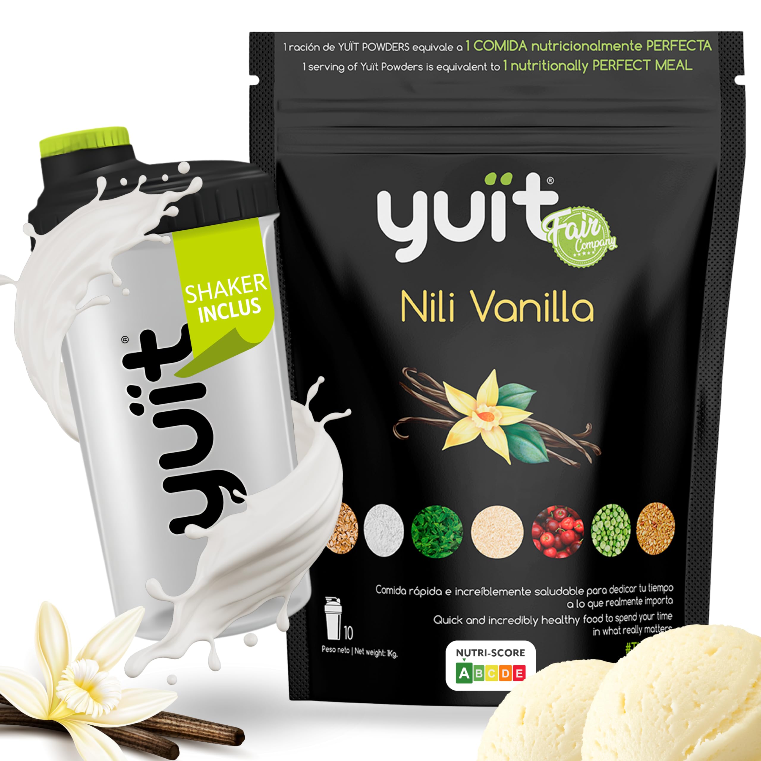 YUÏT - Substitut de repas - Shake protéiné - 35g de protéines en poudre + Probiotiques - Aliment 100% naturel - Shake diététique rassasiant - Supplément vitamines, minéraux - (Vainilla- 1kg + SHAKER)
