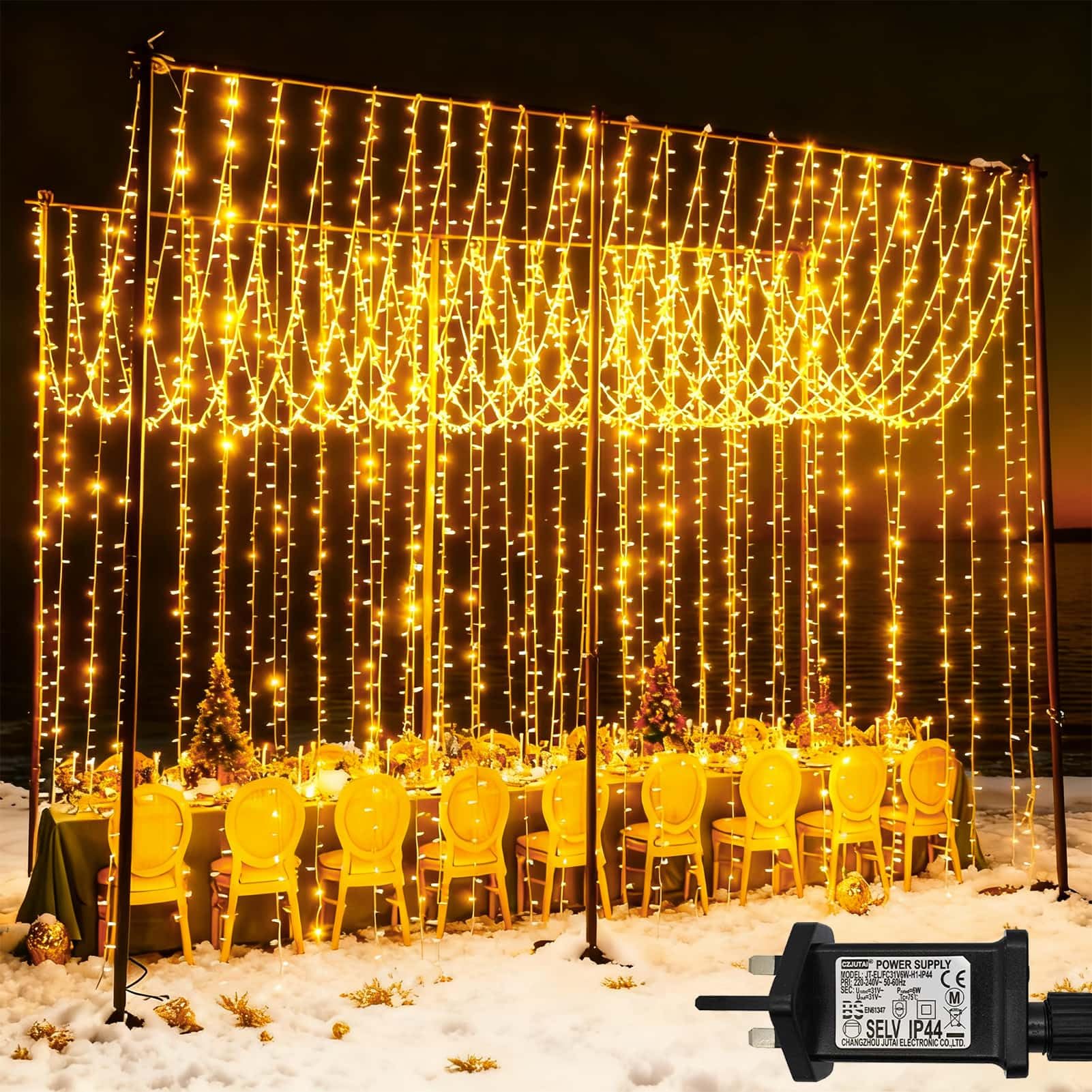600 LED Curtain Lights Outdoor 6m x 3m, 8 Modes Connectable Wall Fairy Lights Plug in with Timer Waterproof for Gazebo Ceiling Patio Party Wedding Bedroom Christmas Decorations (Warm White) [Energy Class E]