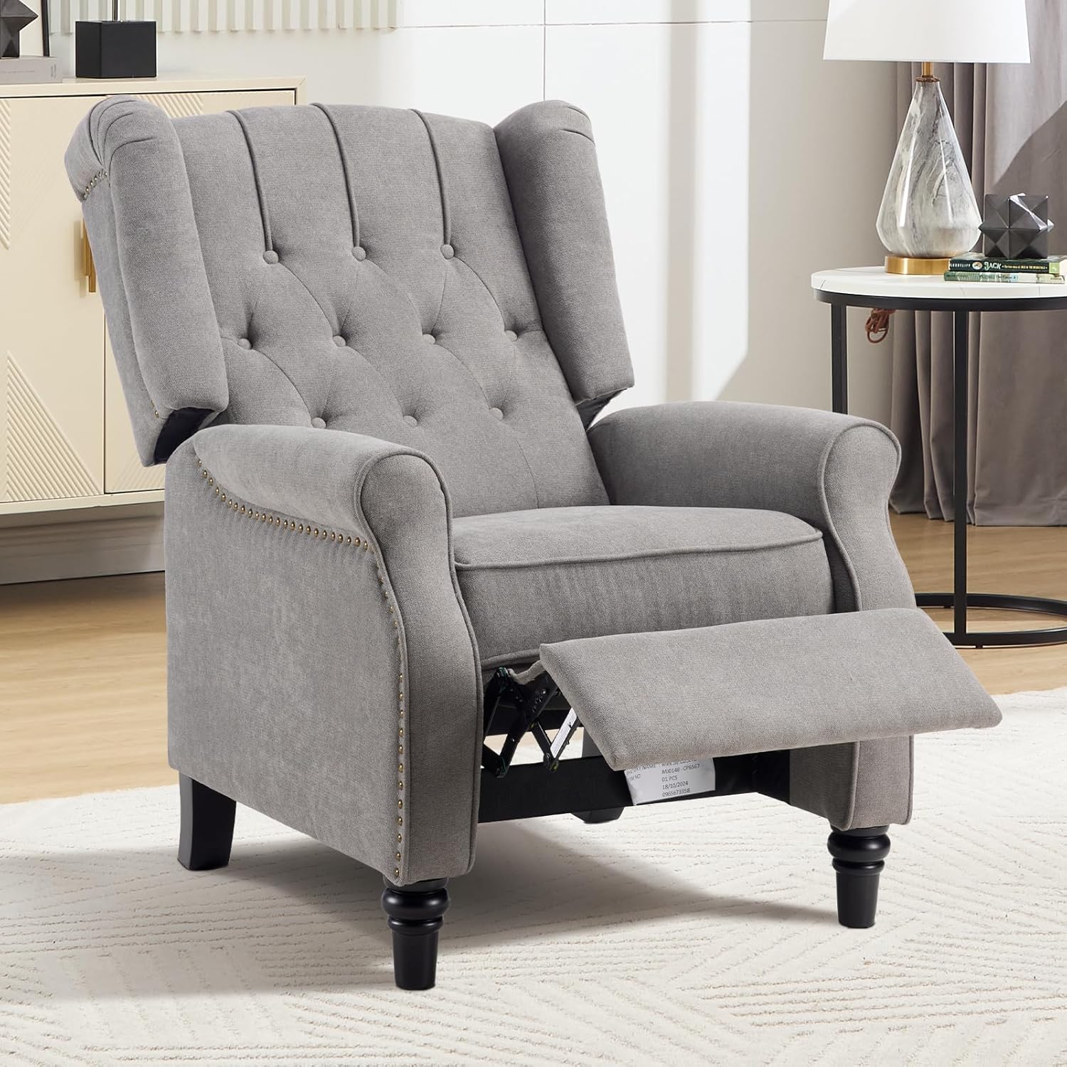 EBELLO Push Back Recliner Chair, Fabric Accent Chair Pushback Recliner with Rivet Decoration, Button-Tufted Back, Mid Century Wingback Armchair for Living Room, Bedroom, Grey