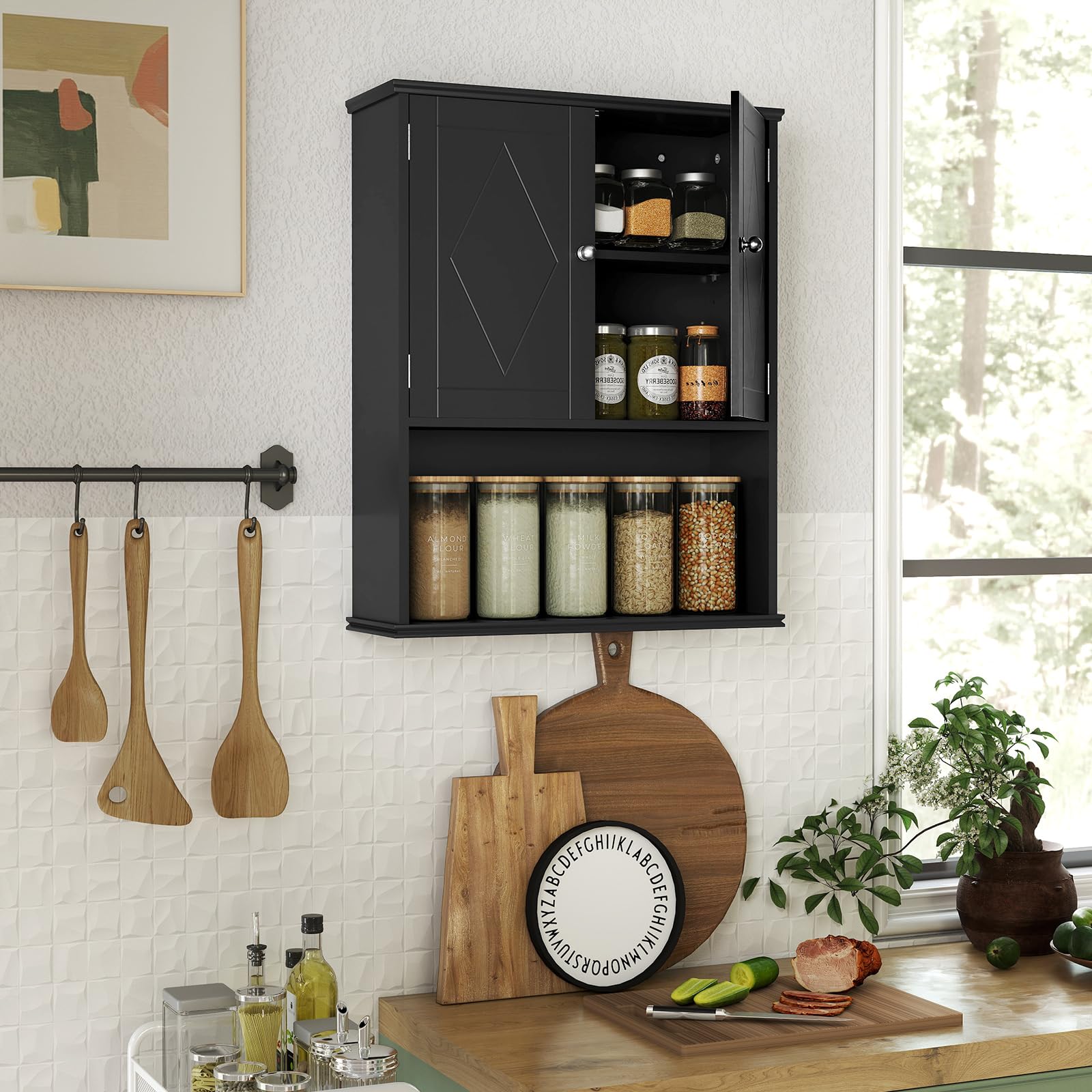 COSTWAY Armoire Murale Salle de Bain, Meuble WC Suspendu avec 2 Portes, Étagère Réglable, Compartiment Ouvert, Style Ferme, Gain de Place, pour Toilette, Buanderie, Cuisine, 21 x 60 x 75 cm (Noir)