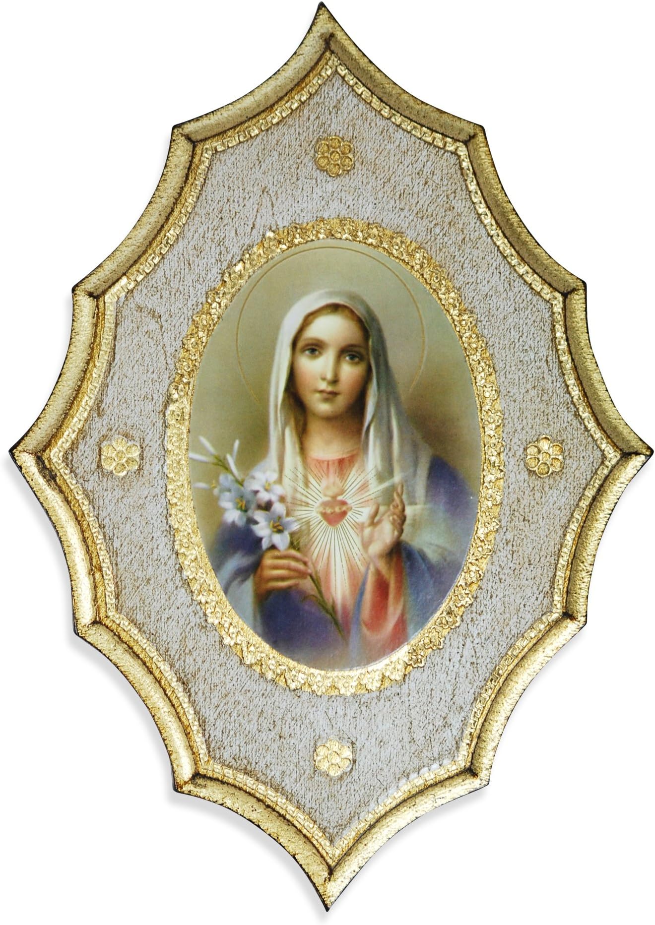Vatican Arts Sacred Heart of Jesus and Mary Scalloped Wall Plaque with Wall Hook - Made in Italy (Sacred Heart of Mary)