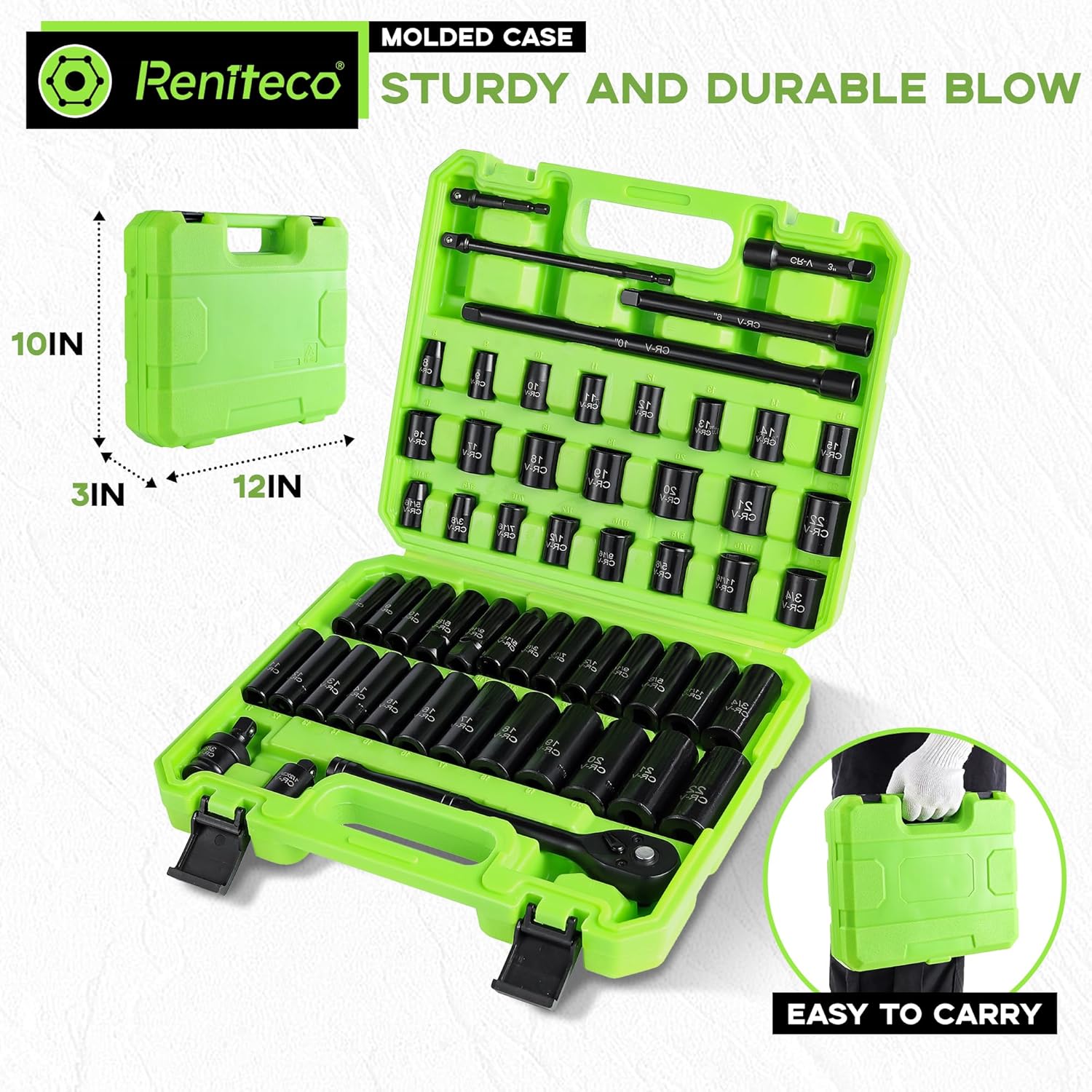 56-Piece 3/8" Drive Socket Set, SAE (5/16"-3/4") & Metric (8mm-22mm), Deep & Shallow, Ratchet Handle, Extension Bars, Adapter, Universal Joint, Power Drill Adapters, Spark Plug Sockets, CR-V