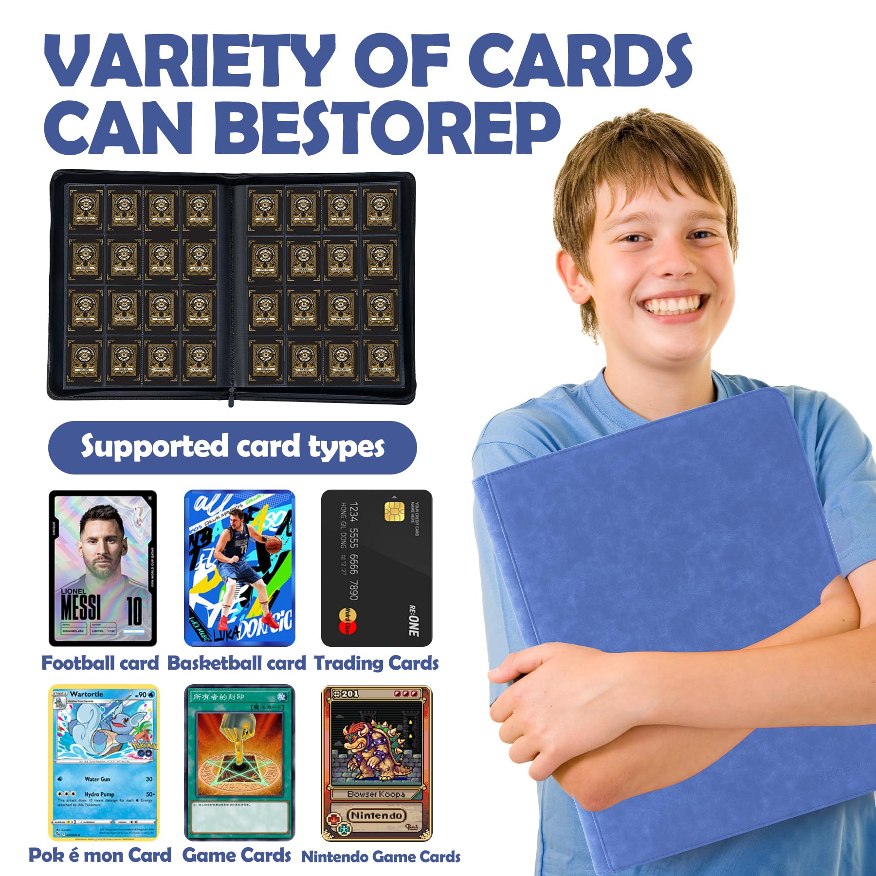 Segregator na karty, 1000 kieszeni, 16 kieszeni, bez pierścienia, z bocznym ładowaniem, album na karty kolekcjonerskie, do YuGiOh, MTG, TCG, kart do gier, kart sportowych, wizytówek (ciemnoniebieski)