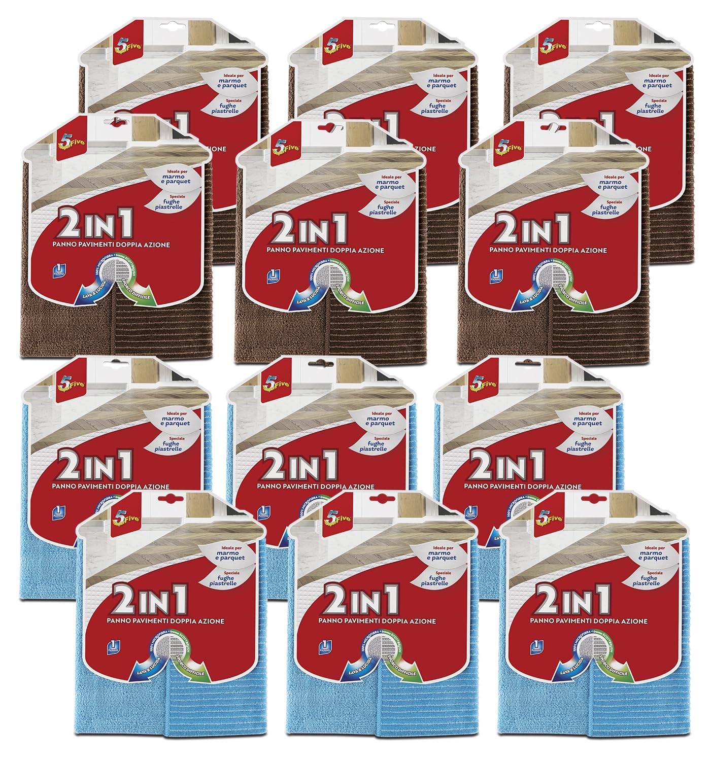SUPERFIVE, Panno Pavimenti 2in1, Panno Doppio Lato per Pavimenti Delicati e Sporco Ostinato, 12 Pezzi (6 Marrone e 6 Azzurro)