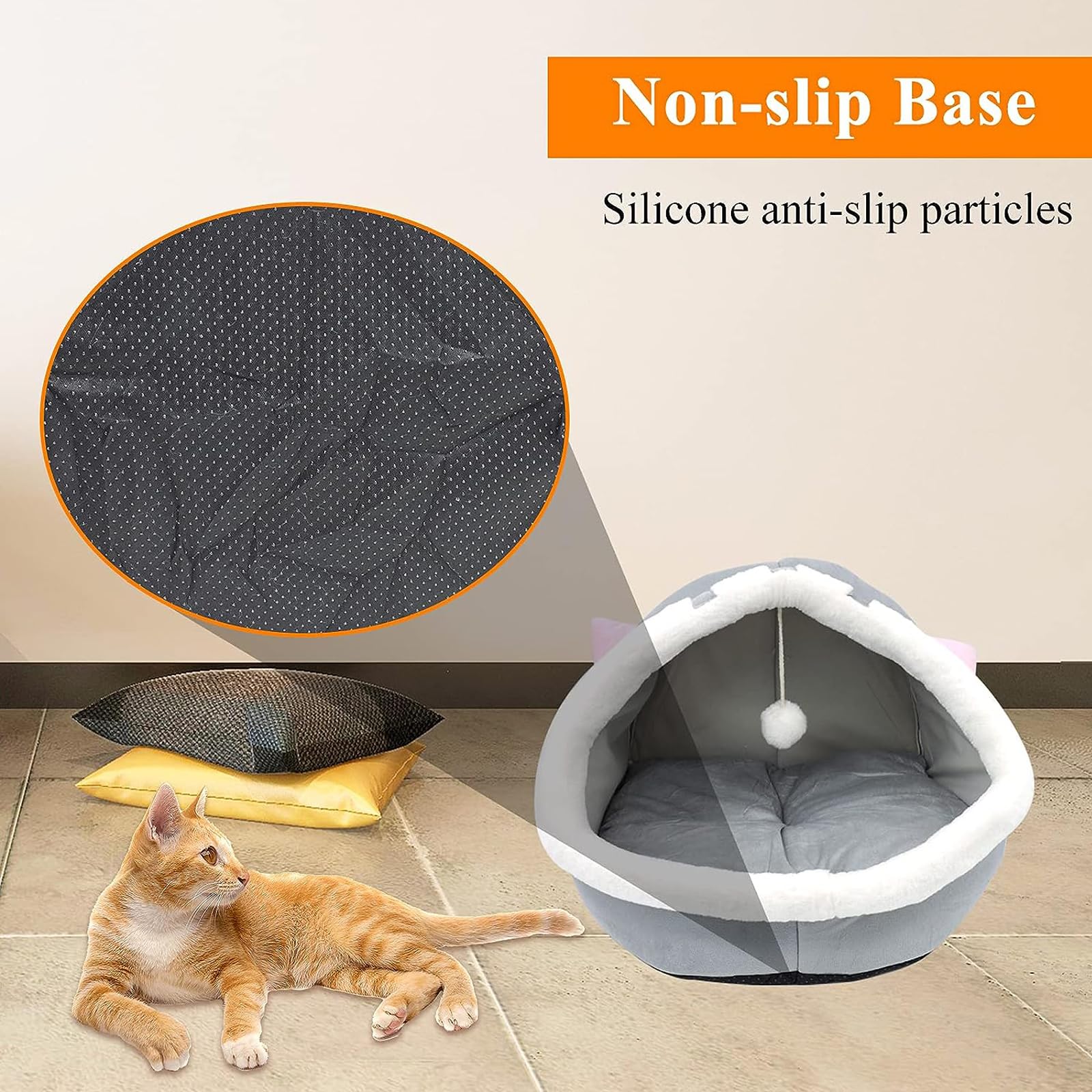 Katzenbett für den Innenbereich, weiches, süßes Katzenhaus, halbgeschlossenes Katzenhöhle Bett mit Plüschball, großer Raum, abnehmbar, waschbar, für Vier Jahreszeiten geeignet,L