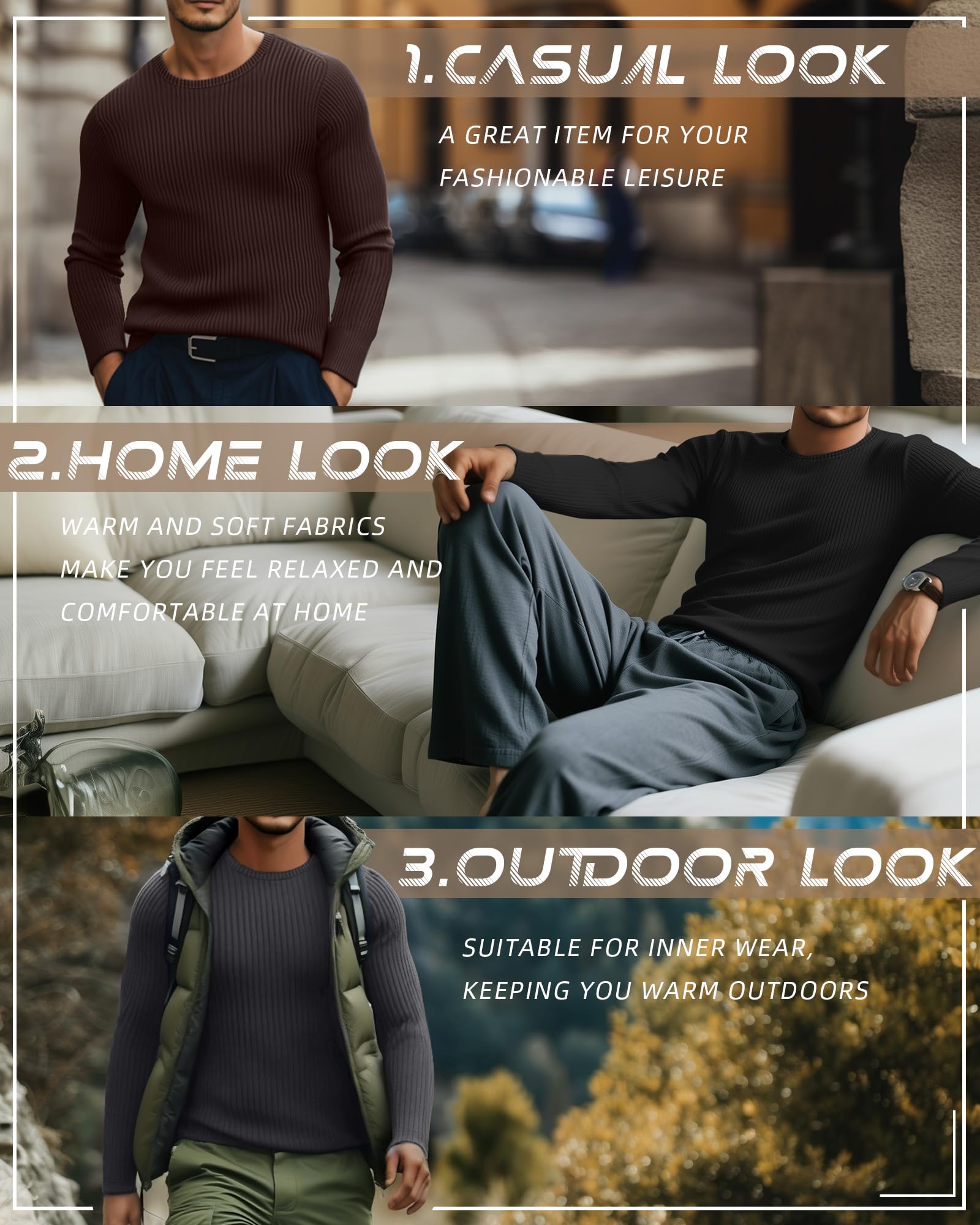 Riyiper Confezione da 3 Maglie Termiche a Costine da Uomo Girocollo Manica Lunga Canottiera Intima Invernale Slim Basic