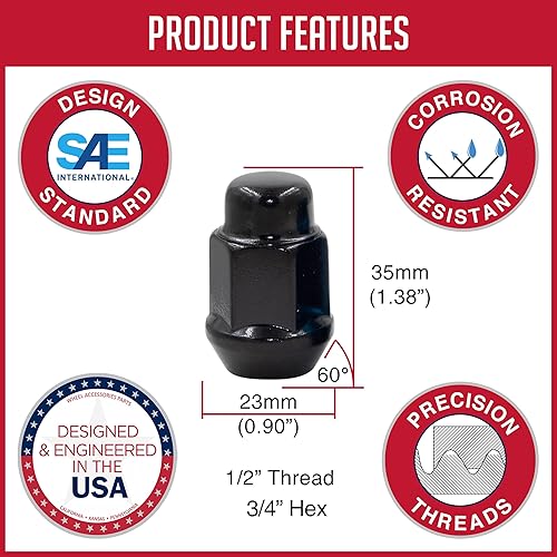 Vista 26 de Wheel Accessories Parts 20 tuercas hexagonales de 1/2"-20 roscas de 1.378 in 1.38" de largo cromadas 13/16" 0.827 in para Ford Mustang Jeep CJ