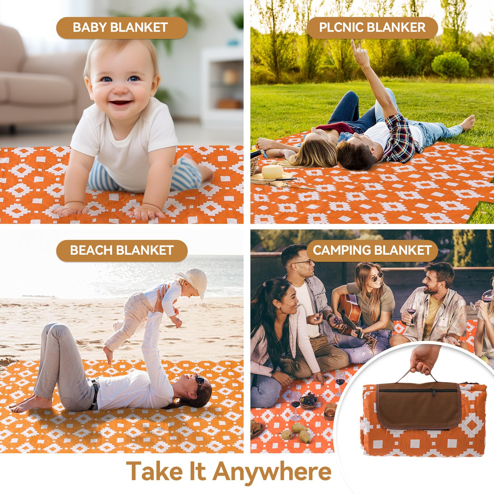 OESSUF Manta de Picnic Impermeable 200x200, Extra Grande Libre de Arena Manta de Playa portátil Lavable a máquina almacenable Plegable Camping Caramelo