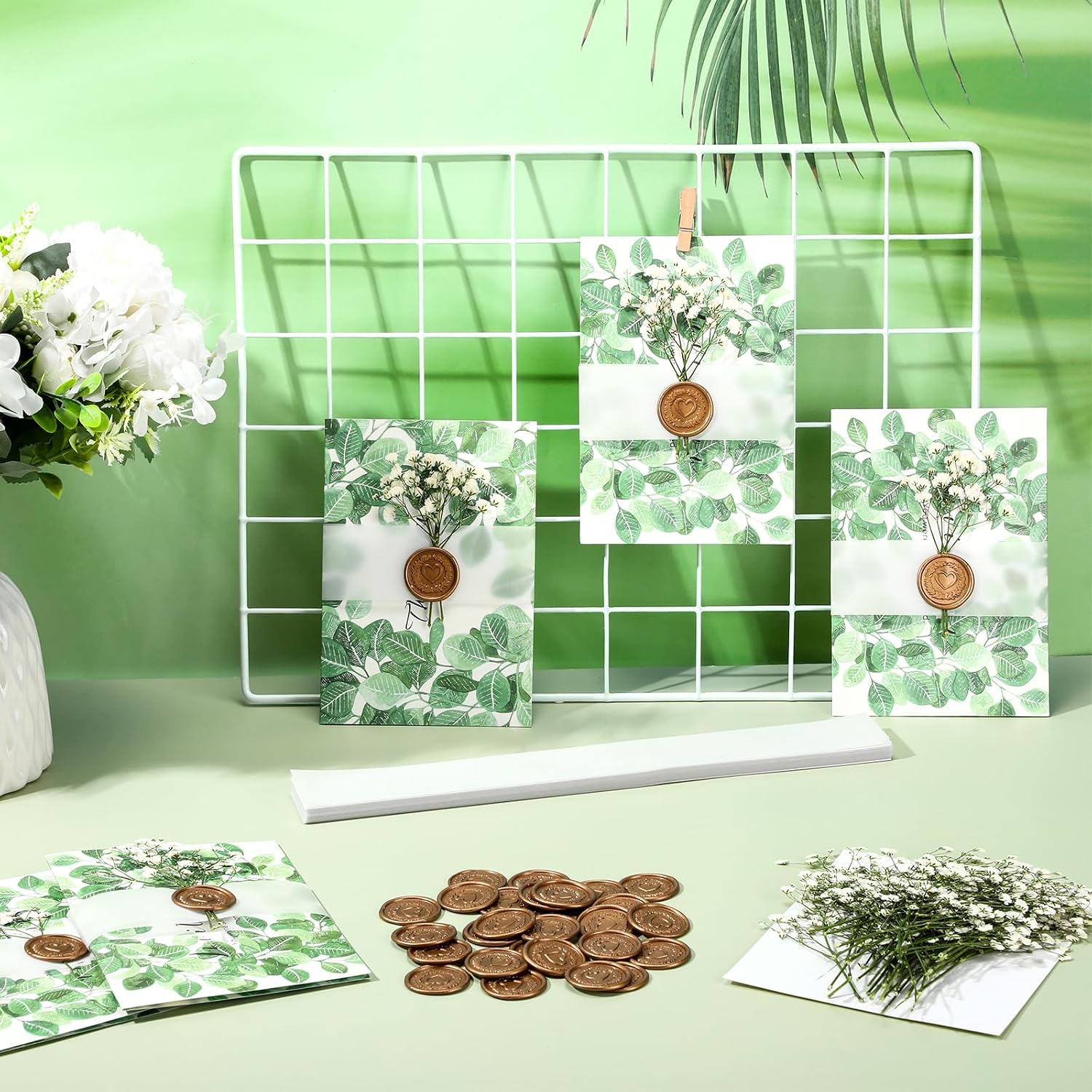 Spakon 50 Sets Wedding Invitation Accessories Kit, Pre-Folded Vellum Jackets for 5 x 7 Invitations with Wax Seal Stickers, Ribbon Dried Flowers, Elegant Wedding Invitation Accessories for DIY Bridal