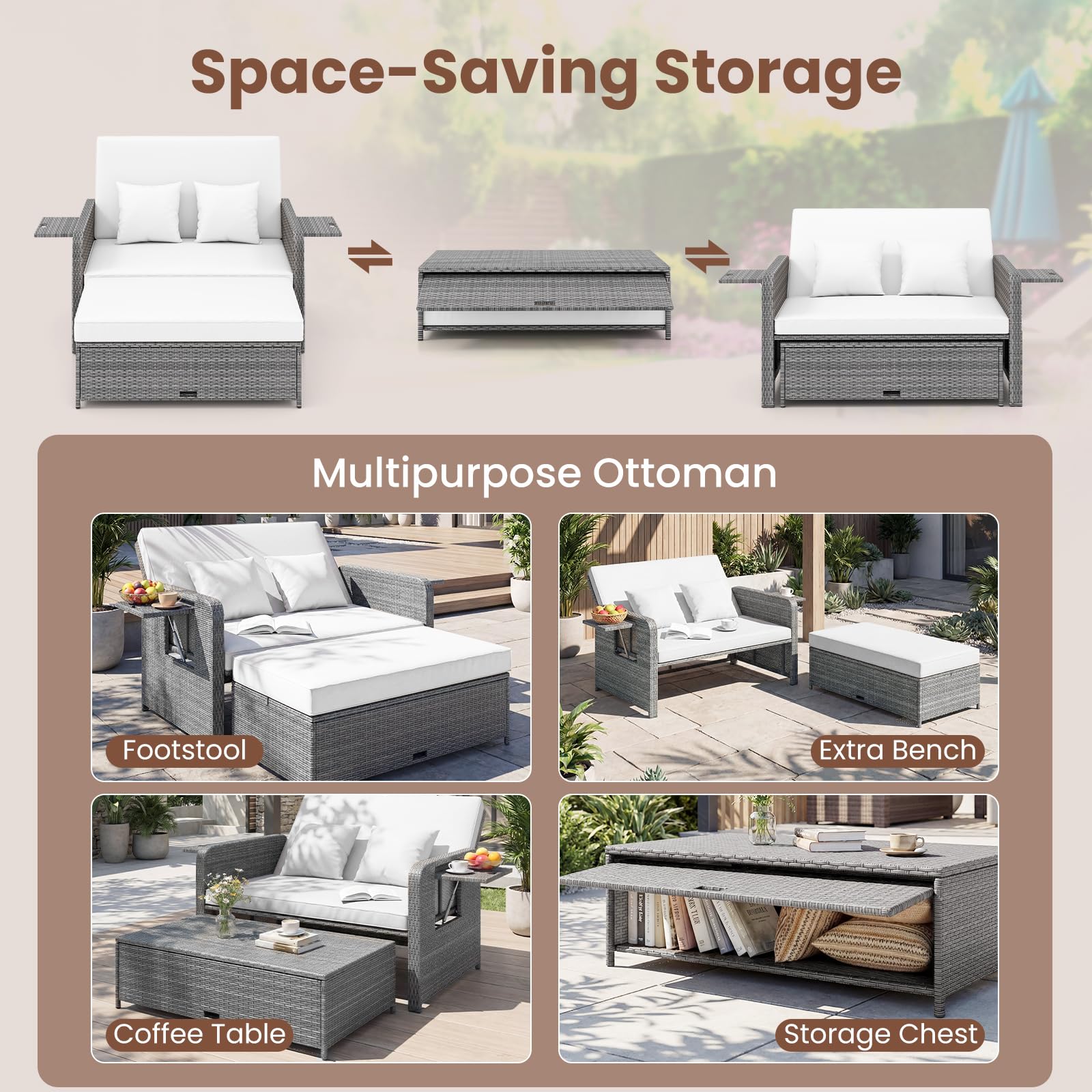 GIANTEX Set Divano da Esterno con Letto da Giorno 2 Pezzi, Divano a Due Posti in Rattan PE con Pouf Contenitore, Schienale Regolabile, Tavolini Laterali Richiudibili e Cuscini Morbidi (Bianco)
