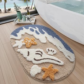 LUMI Beach Bathroom Rugs, Non Slip Bath Mat Ultra Soft Washable Absorbent Quick Dry, Ocean Sea Theme Bath Rug with Starfish Shell for Shower Floor, Kitchen Decor, Kids Room, 22"x34"