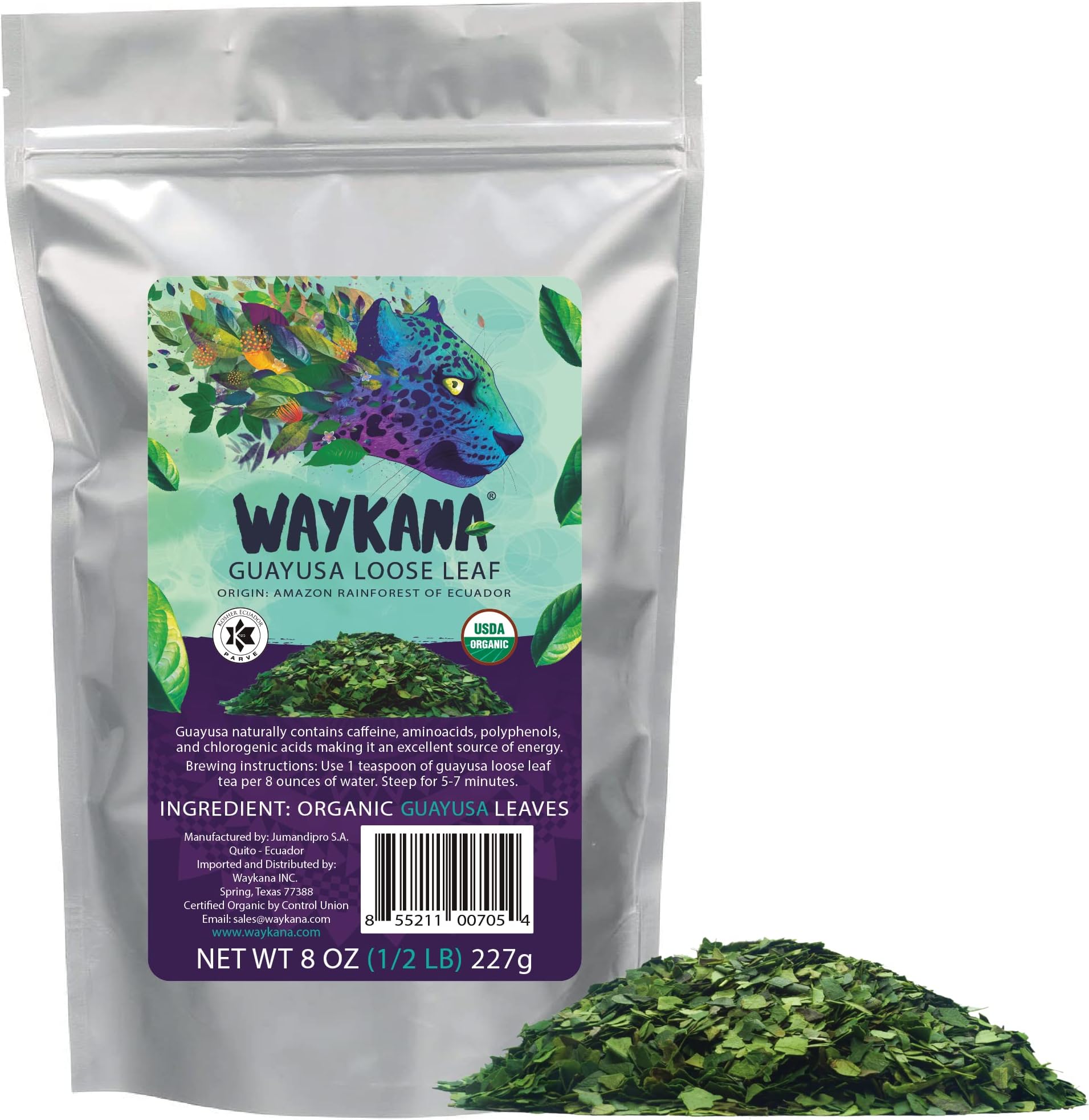 Organic Guayusa Loose Leaf Waykana is a perfect coffee alternative 1/2 Pound (8oz)| 40mg of caffeine per serving| Smooth, jitter-free, energy drink, alternative yerba mate, matcha, and green tea.