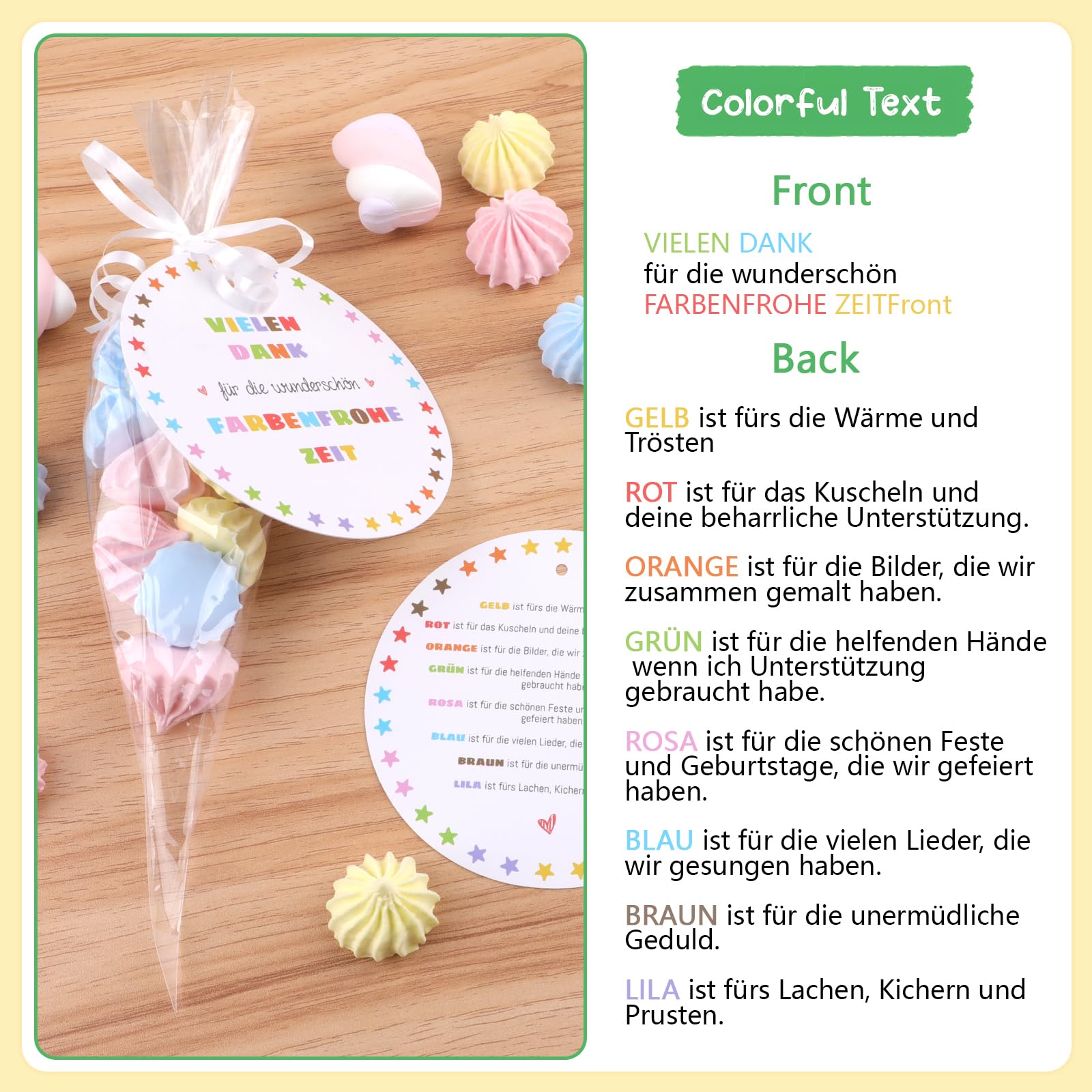 Abschiedsgeschenk Erzieherin, 40 Stück Kindergarten Abschiedsgeschenk Dank, Vielen Dank für die Farbenfrohe Zeit,mit 20 Stück Geschenkanhänger und 20 Stück Kegeltüten Geschenkverpackung