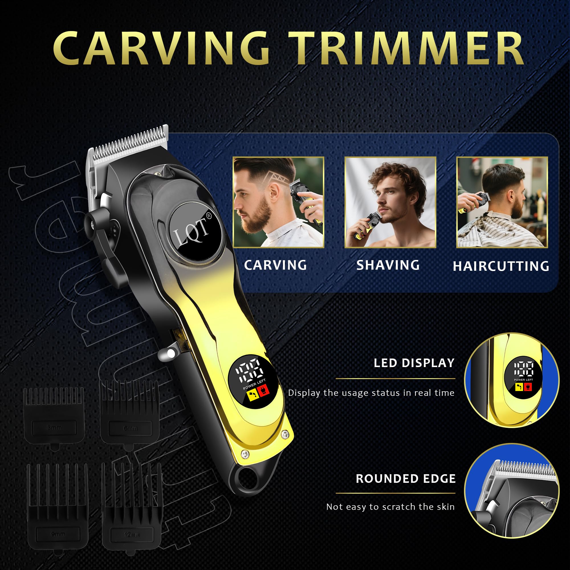 LQT Hair Clippers Men, Cordless Clippers for Men Haircut with LED Display Gold Gradient Zero Gap Hair Trimmer - Image 3
