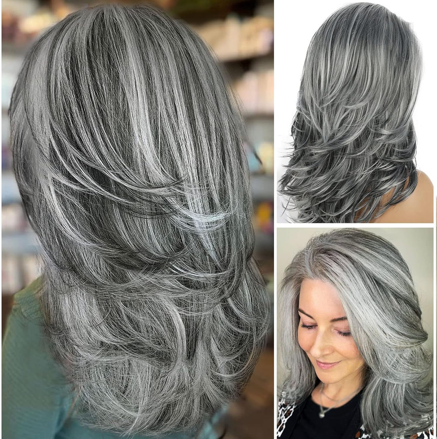LEOSA Silver Wig Long Layered Gray Wigs for Women Gray Ombre Wig