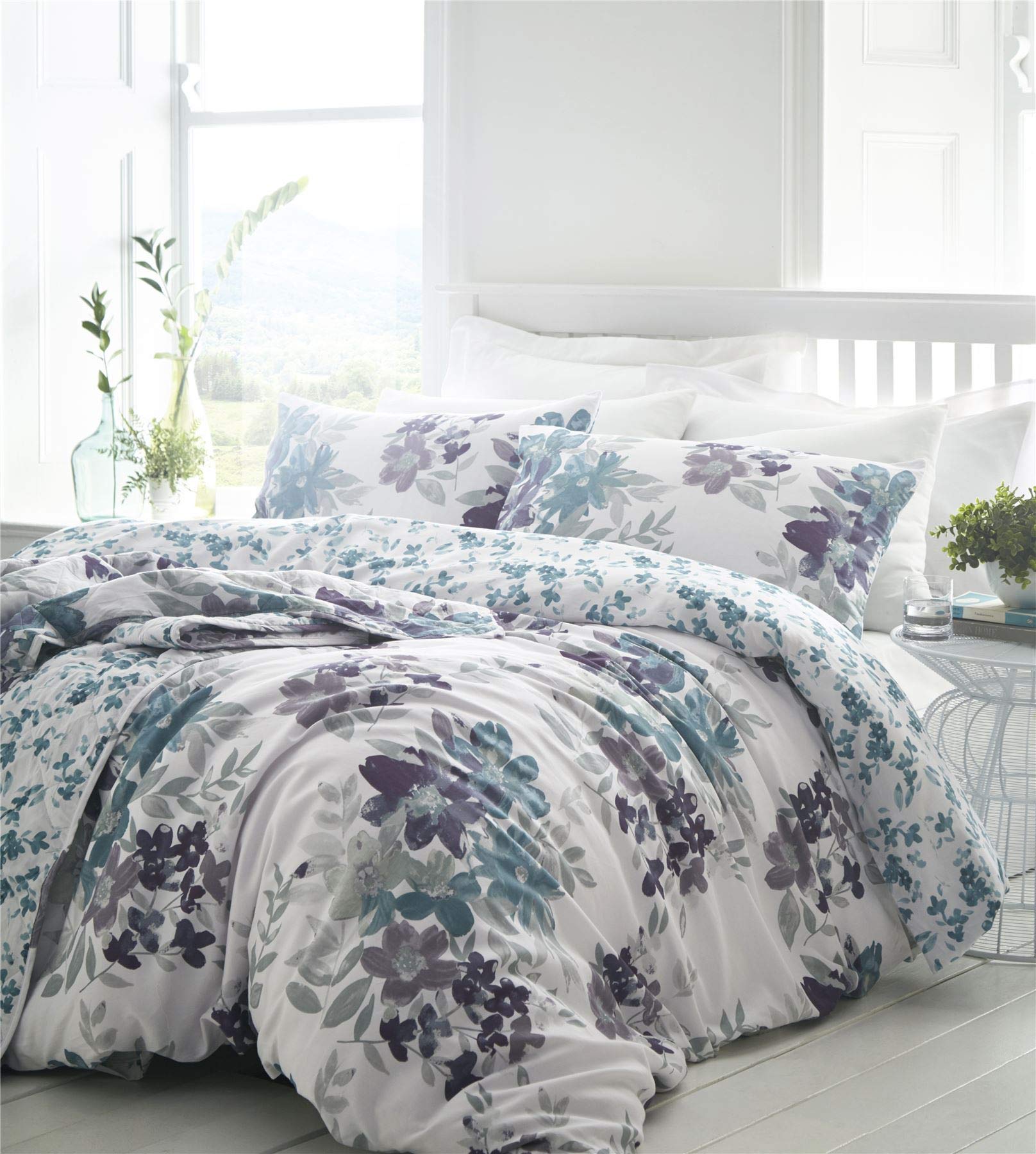 Kew Watercolour Floral Duvet Cover and Pillowcase Bed Set, Percale Cotton, Teal, Super King