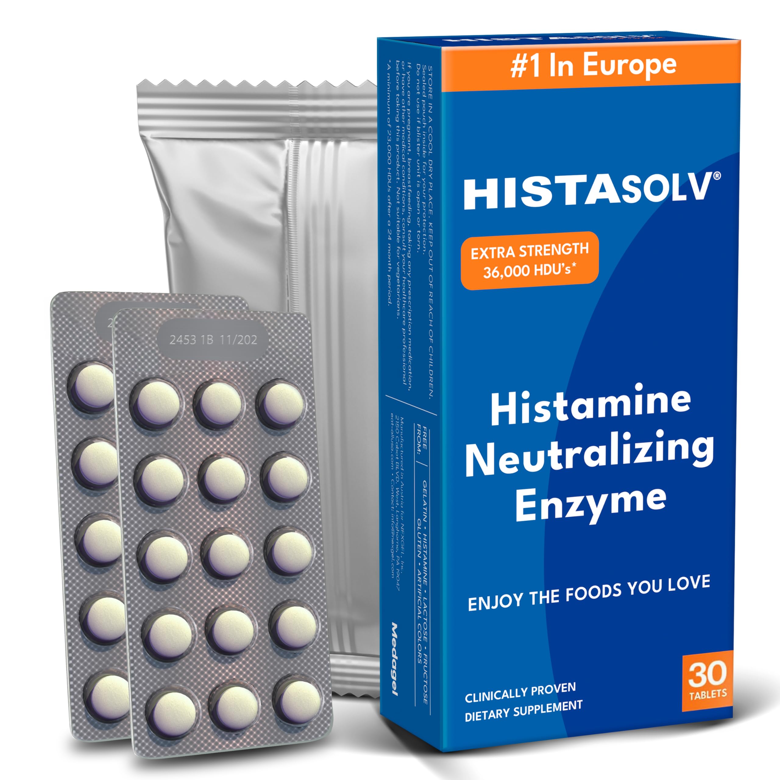 HISTAsolv Extra Strength DAO Enzyme Supplement for Histamine Food Intolerance - Eases Digestive Discomfort - Patented Tech - Made in Austria - 30 Pack