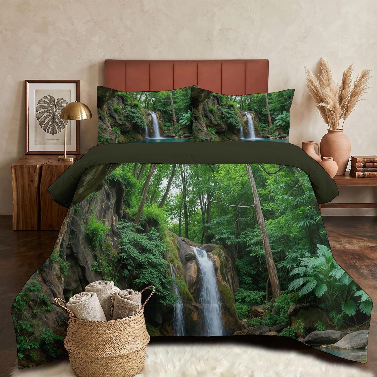 Natural Waterfall Comforter Set King Size, Forest Lake Bedding Set for Girls Boys, Dark Green Quilt Bed 104"X90" Bedding Comforter Sets with 2 Pillowcase Room Decor