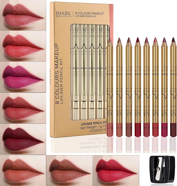 CCbeauty Lip Liner Pencil Makeup Matte Lip Liner Pen Waterproof Long Lasting Lipstick Liner Slim 8 Color Set with Sharpener