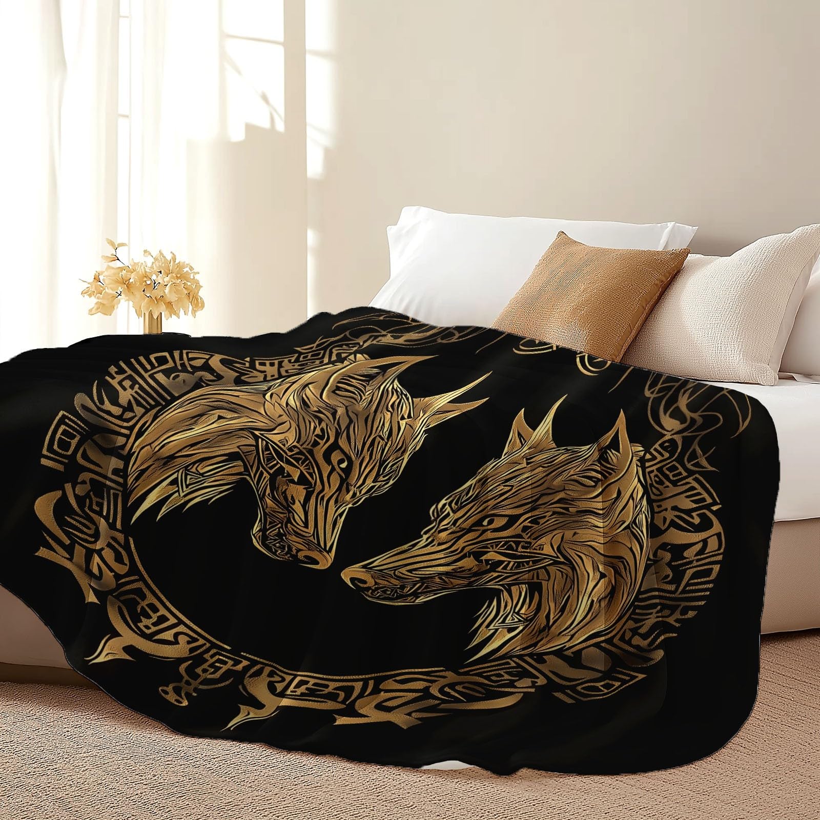 Manta Polar de Franela de Microfibra Animales Tradicionales Pintados A Mano Mantas Impresas para la Siesta del sofá, para sofá Cama, Dormitorio, Sala de Estar 180 x 200 cm, Negro Dorado