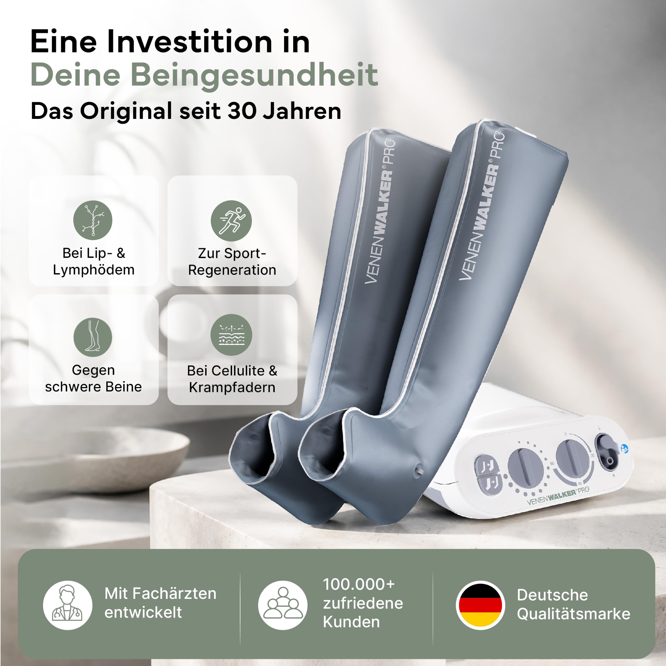 PRO2 Lymphdrainage Gerät Beine - Venen-Therapiegerät & Beinmassagegerät - Zert. Medizinprodukt (TÜV) - Das Original seit 30 Jahren - Lipödem, Lymphödem, Cellulite & schwere Beine