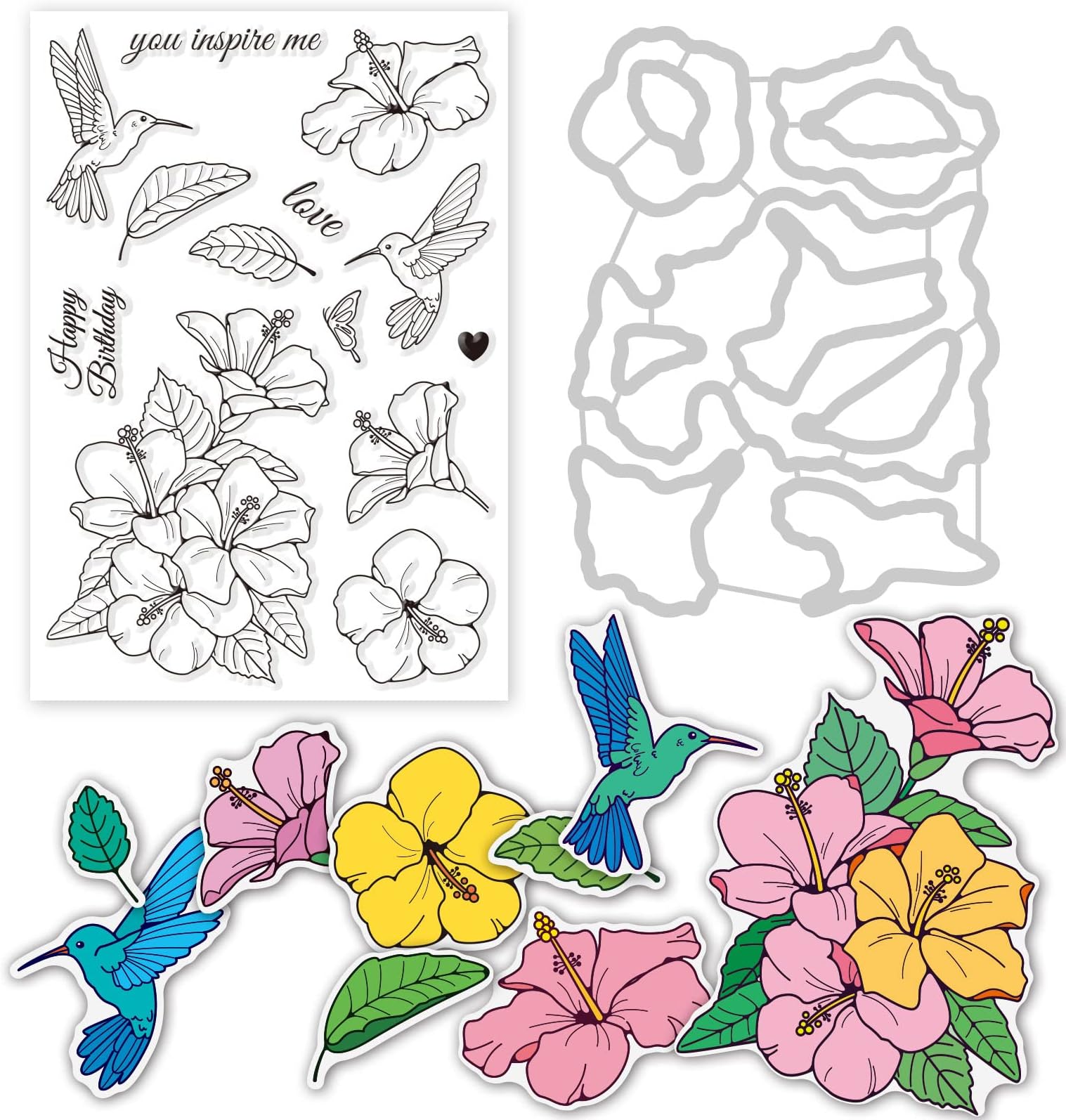INFUNLY Hibiscus Cutting Dies Clear Stamper Set Flower Cut Die Silicone Stamps DIY Embossing 3D Stencil Template for Card Making Decoration and DIY Scrapbooking