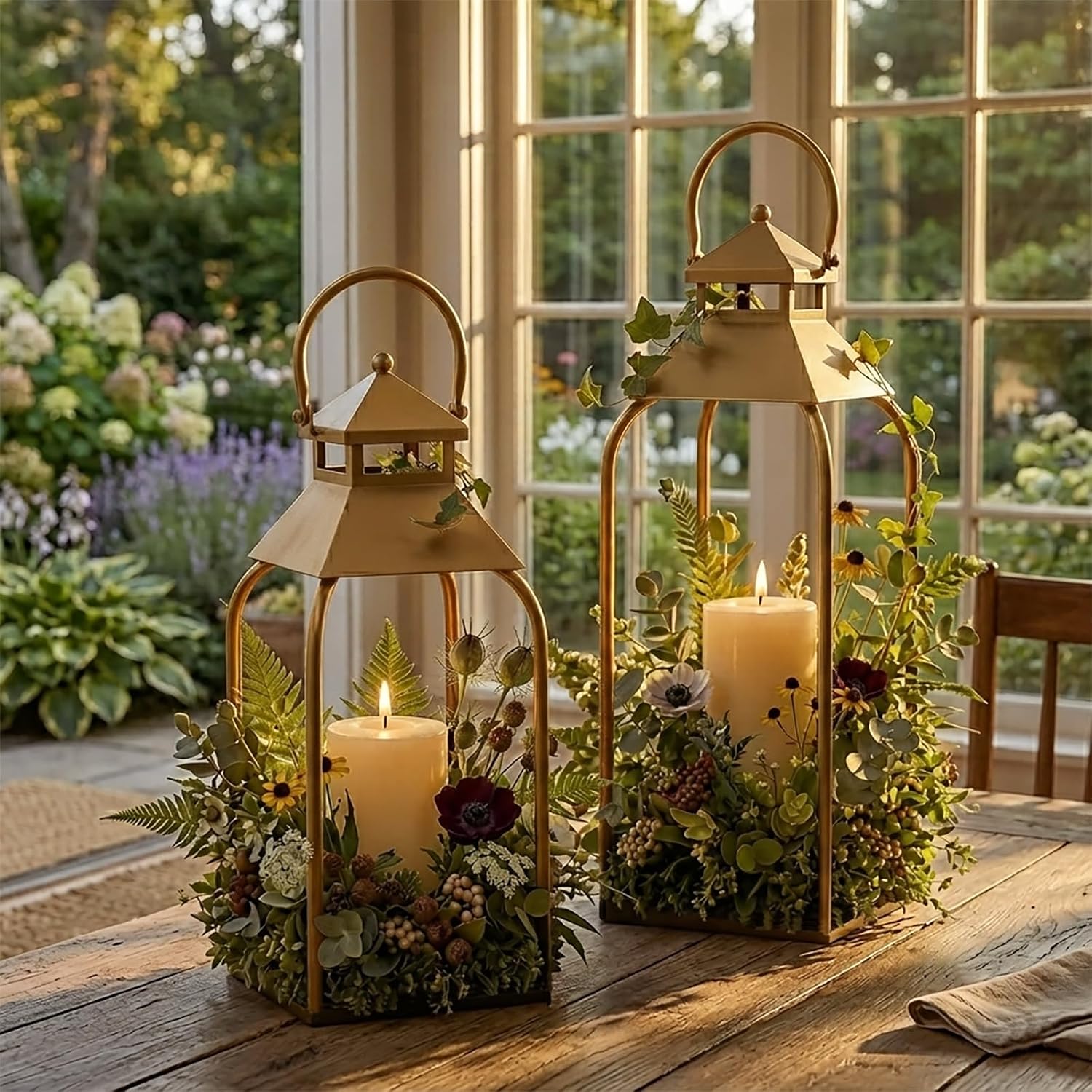 16" 12" Farmhouse Metal Lanterns, Arched Handle Candle Holder for Fireplace