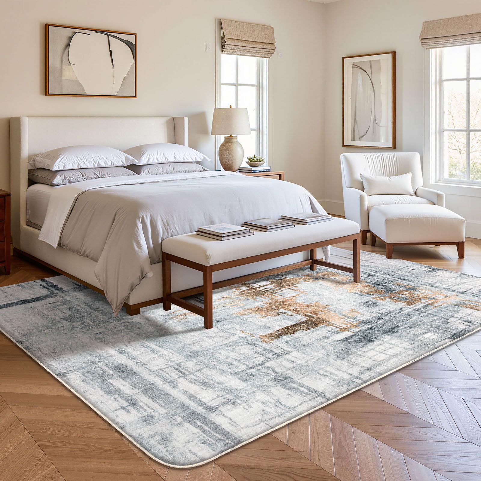 Tinyboy-hbq Tappeti dal design moderno per soggiorno, a pelo corto, per soggiorno, camera da letto, grigio (160 x 200cm, Grigio/Oro)