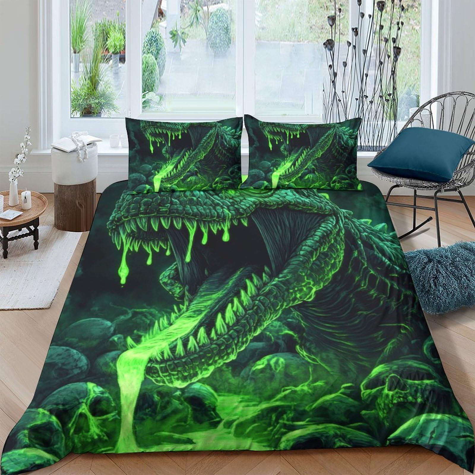 Ctjqhvkz Style-5 3D Printed Neon Green Dragon Skull Fitted Sheet Microfiber Soft Breathable Gothic Mattress Cover Bedroom Decor Single（135X200cm）