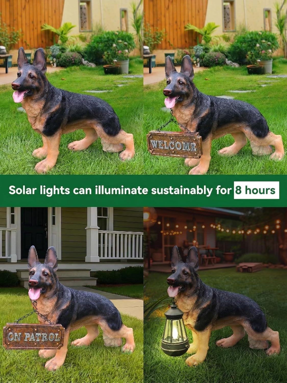 German Shepherd Garden Statue with Solar Lantern, Realistic Dog Sculpture for Yard Art, Birthday Gift for Women Mom Grandma, Housewarming Gift for New Home, Outdoor Resin Puppy Figurine