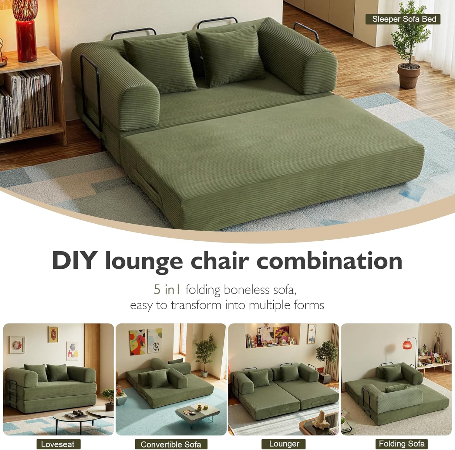 59in Convertible Sofa Bed, Corduroy Boneless Couch Bed, Futon Sleeper Sofa Pull Out Bed, Foldable Couch for Living Room Apartment, No Assembly Required