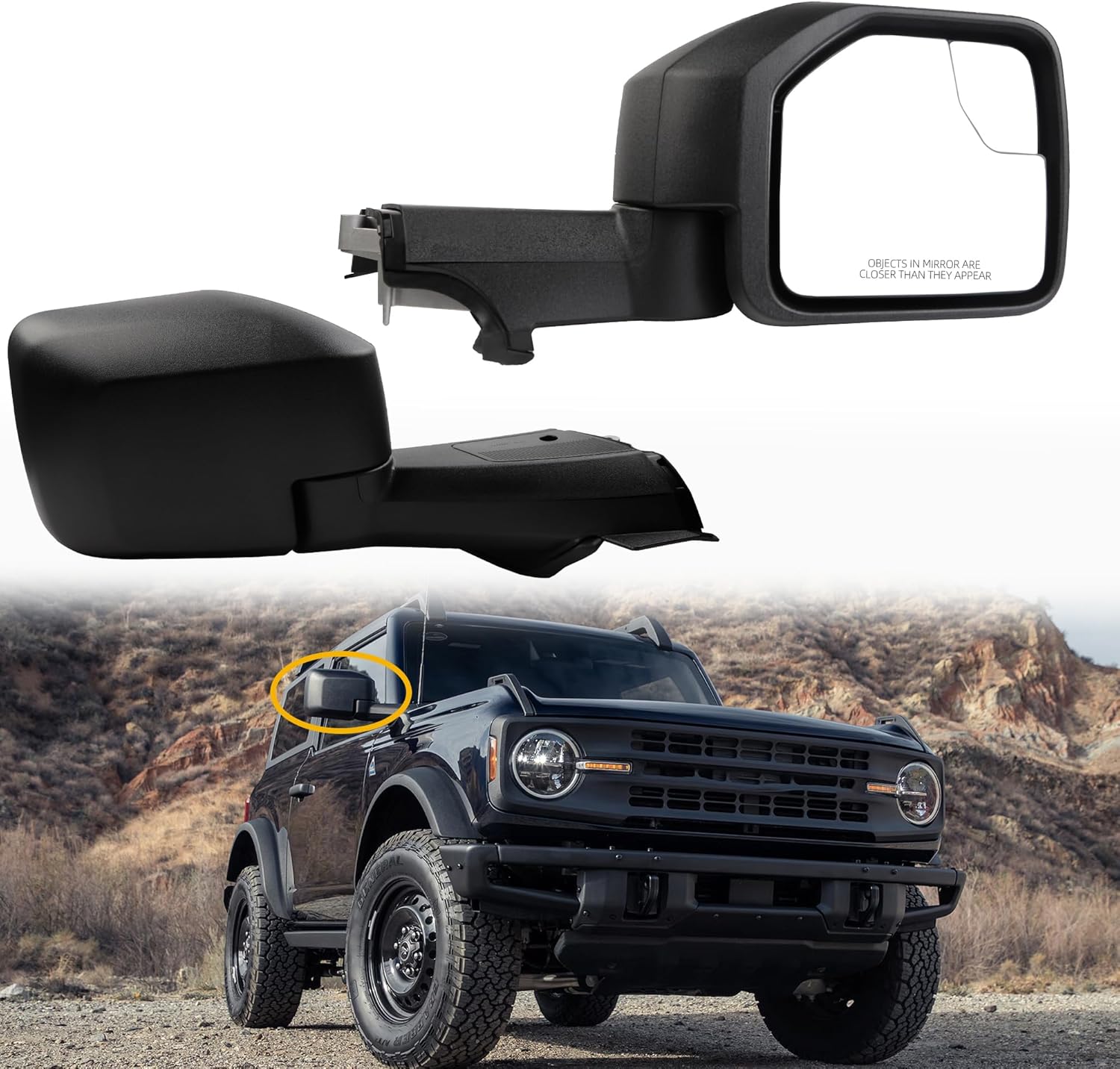Dasbecan Passenger Side View Mirror Compatible With 2021-2024 Ford Bronco Right Side Door Mirror w/Manual Folding Power Heated Blind Spot Glass Black Texture Cover 5pins