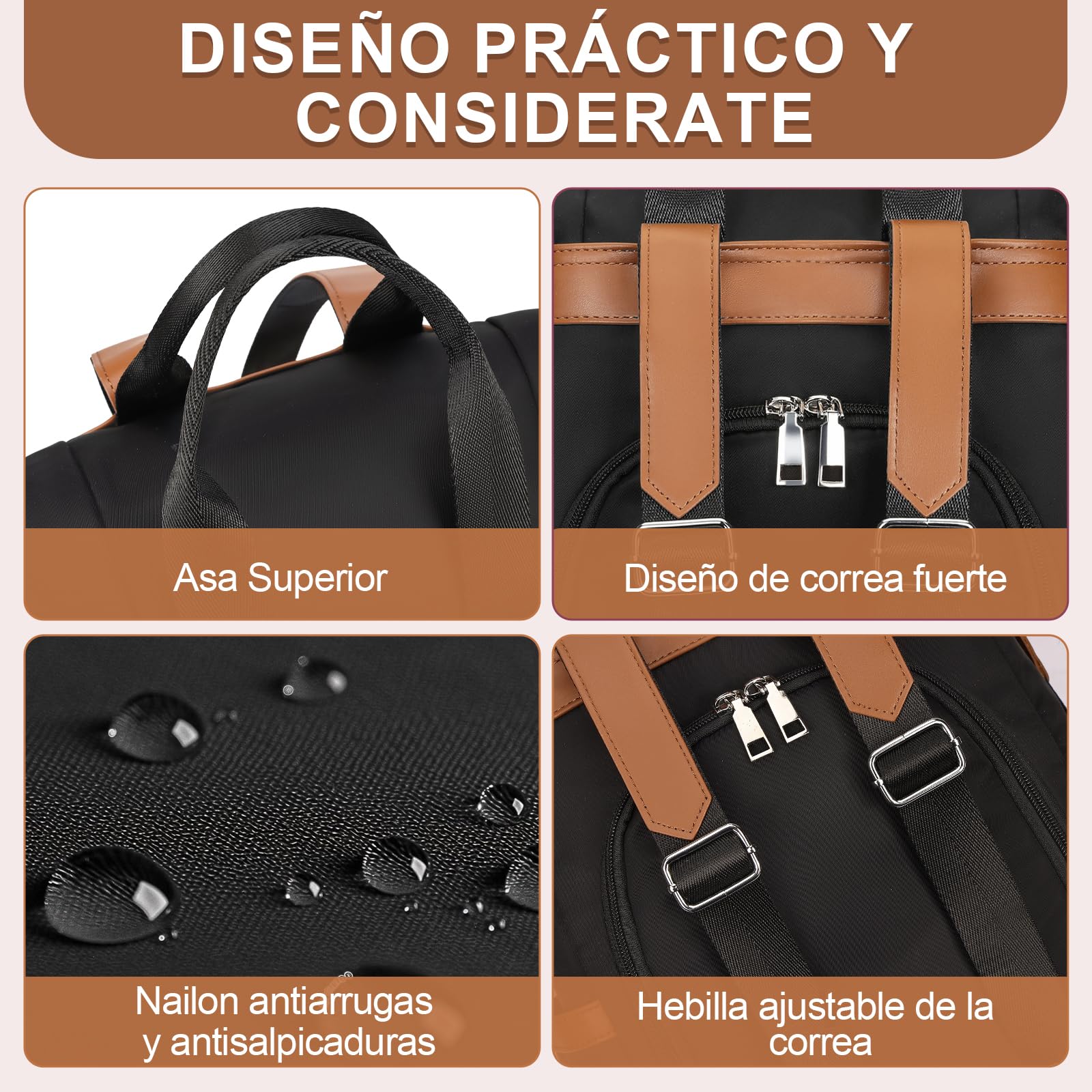 Eshow Mochila Mujer Antirrobo, Bolso Casual con Correa Ajustable y Asa Superior, Bandolera Multifuncional para Uso Diario Trabajo Viaje Escuela Compras y Universidad Negra