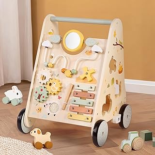 Pithfor Wooden Baby Push Walker, Baby Walker with Activity Center for Girls Boys, Montessori Sensory Push Toys for Babies Learning to Walk & Sit-to-Stand
