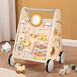 Wooden Baby Push Walker, Baby Walker with Activity Center for Girls Boys, Montessori Sensory Push Toys for Babies Learning to Walk & Sit-to-Stand