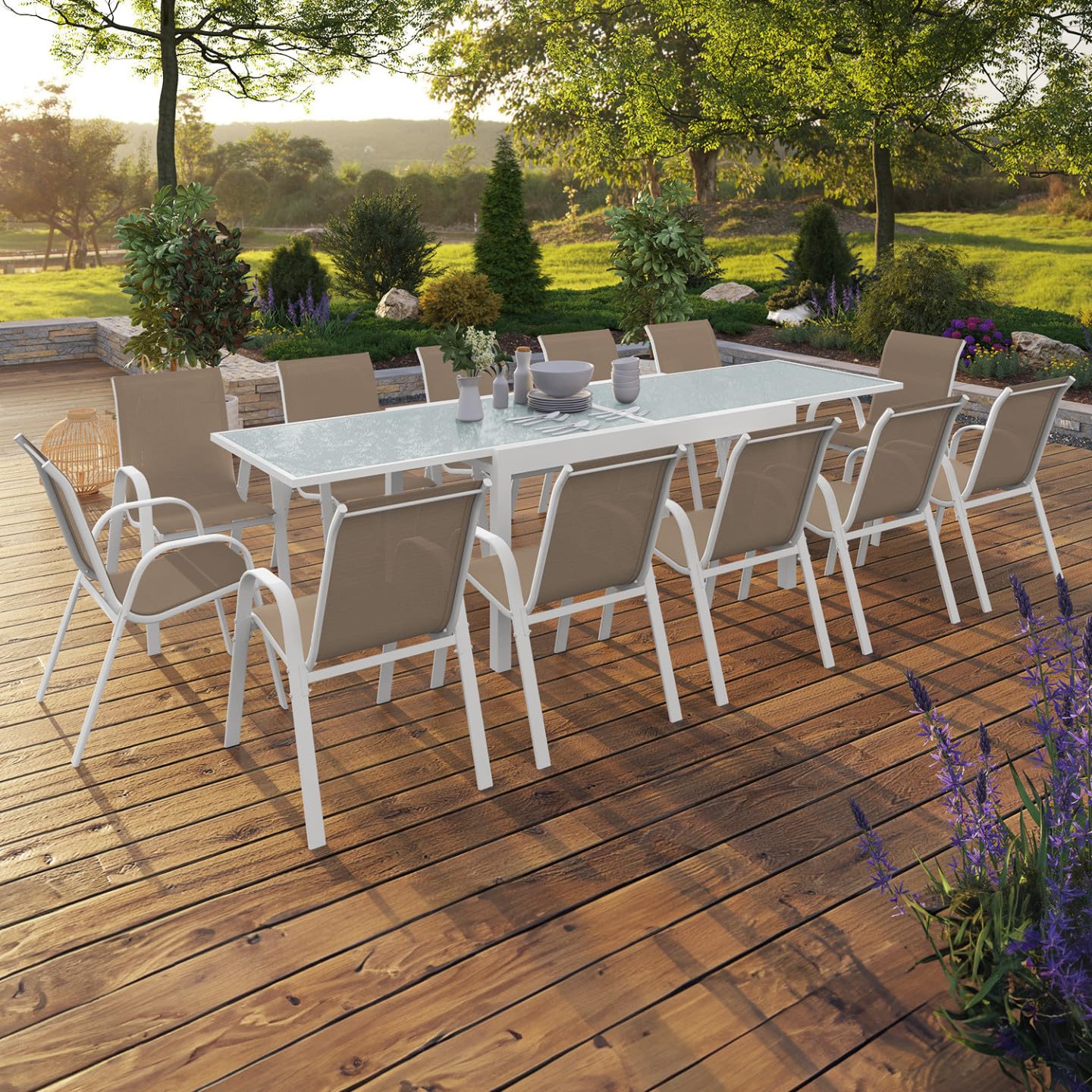 IDMarket - Salón de Jardín Madrid Mesa Extensible 135-270 CM y 12 Sillas Apilables Blanco y Beige