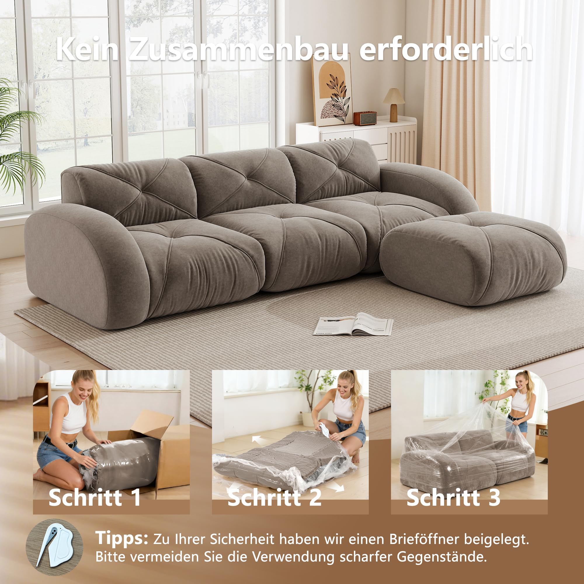 Anself Divano modulare L 3 posti con supporto piedi, chenille morbido resistente, schiuma 32D, senza cornice, 200 kg a seduta, per famiglie e spazi piccoli