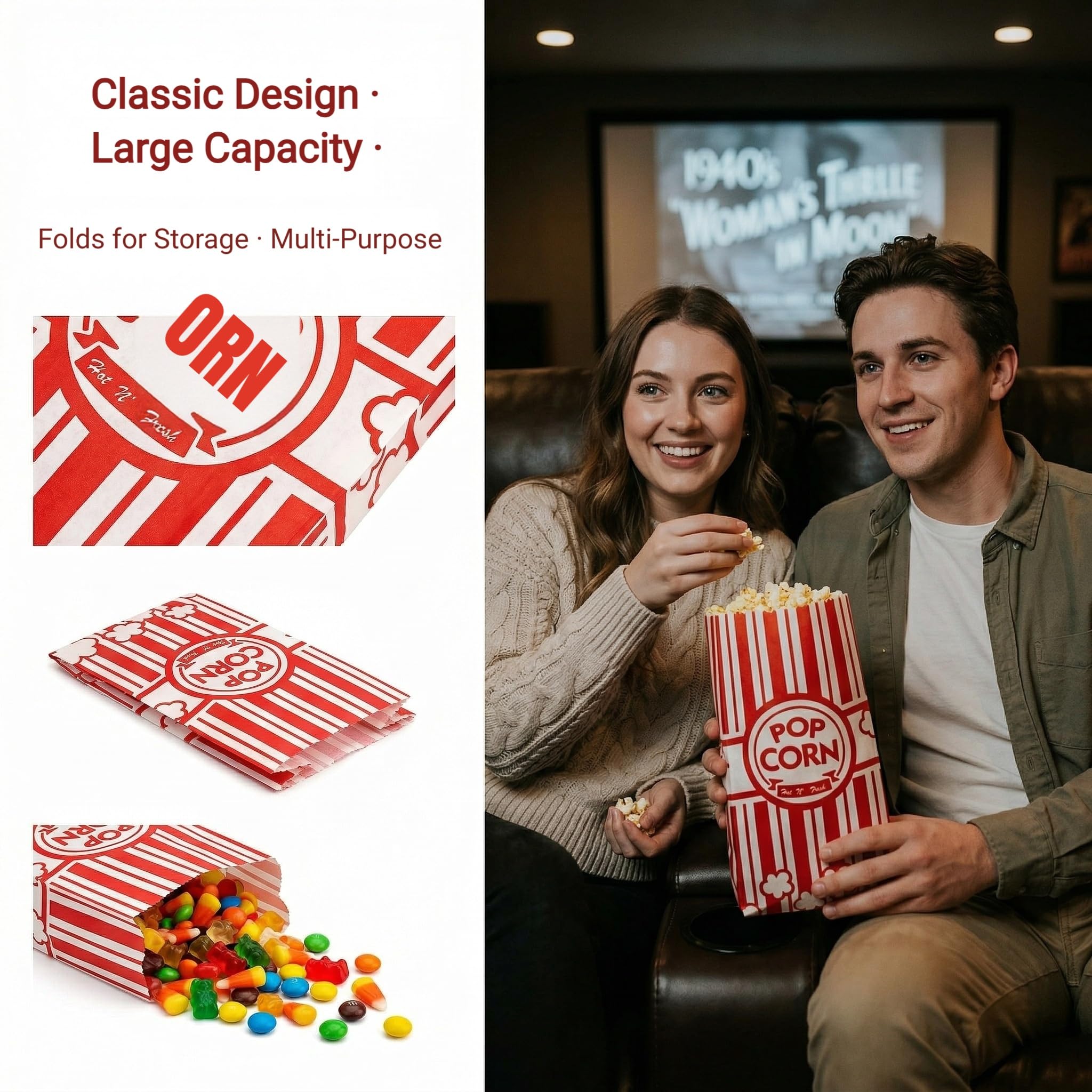 200 Stuks Kraft Papieren Popcornzakjes – Rood-Wit – Met Kabelbinders – 12,5×27,5 Cm – Voor Filmavonden, Feestjes & Snacks