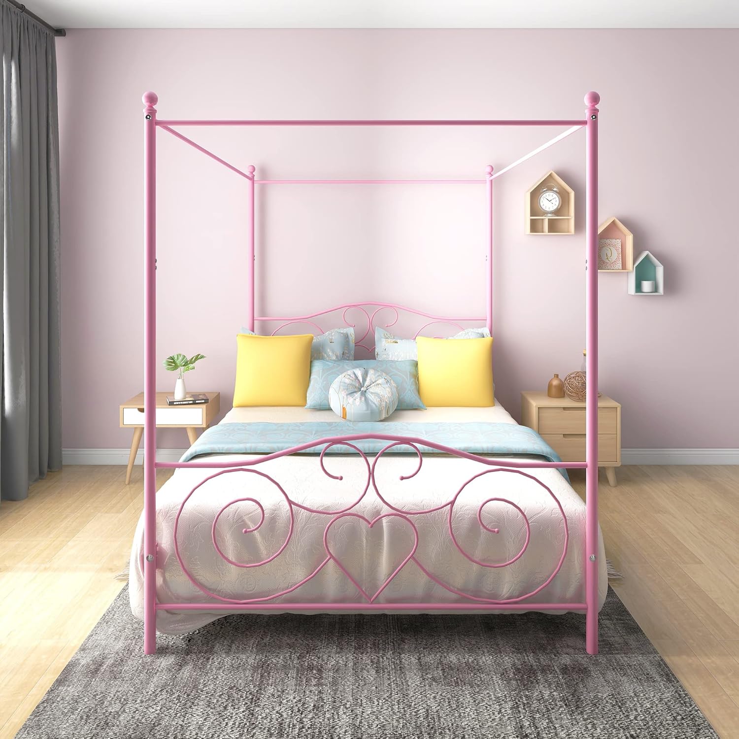 Canopy Bed Frame Platform Metal Bed Frame Heavy Duty Steel Slat and Support with Headboard and Footboard No Box Spring Required (Queen, Pink)