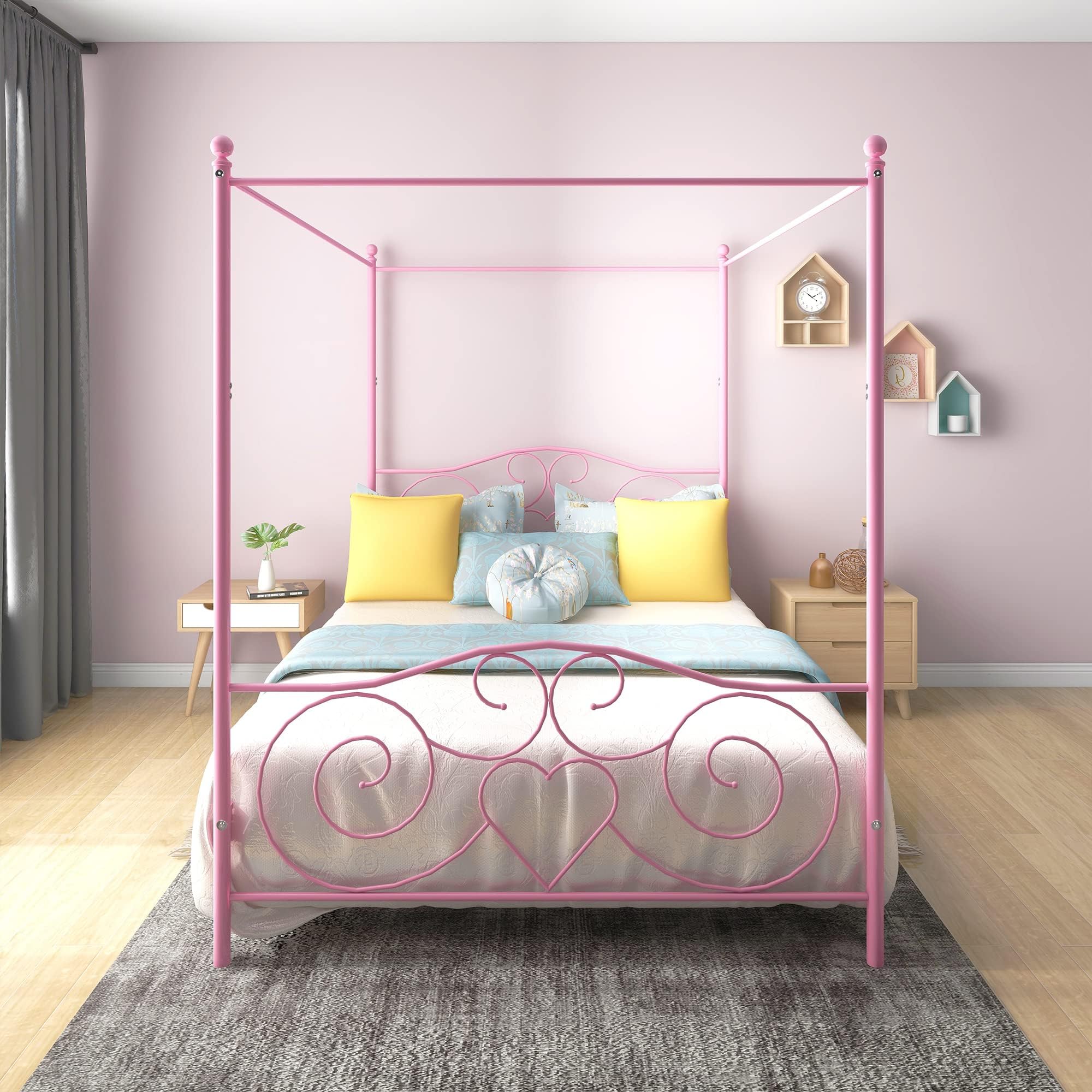 Canopy Bed Frame Platform Metal Bed Frame Heavy Duty Steel Slat and Support with Headboard and Footboard No Box Spring Required (Queen, Pink)