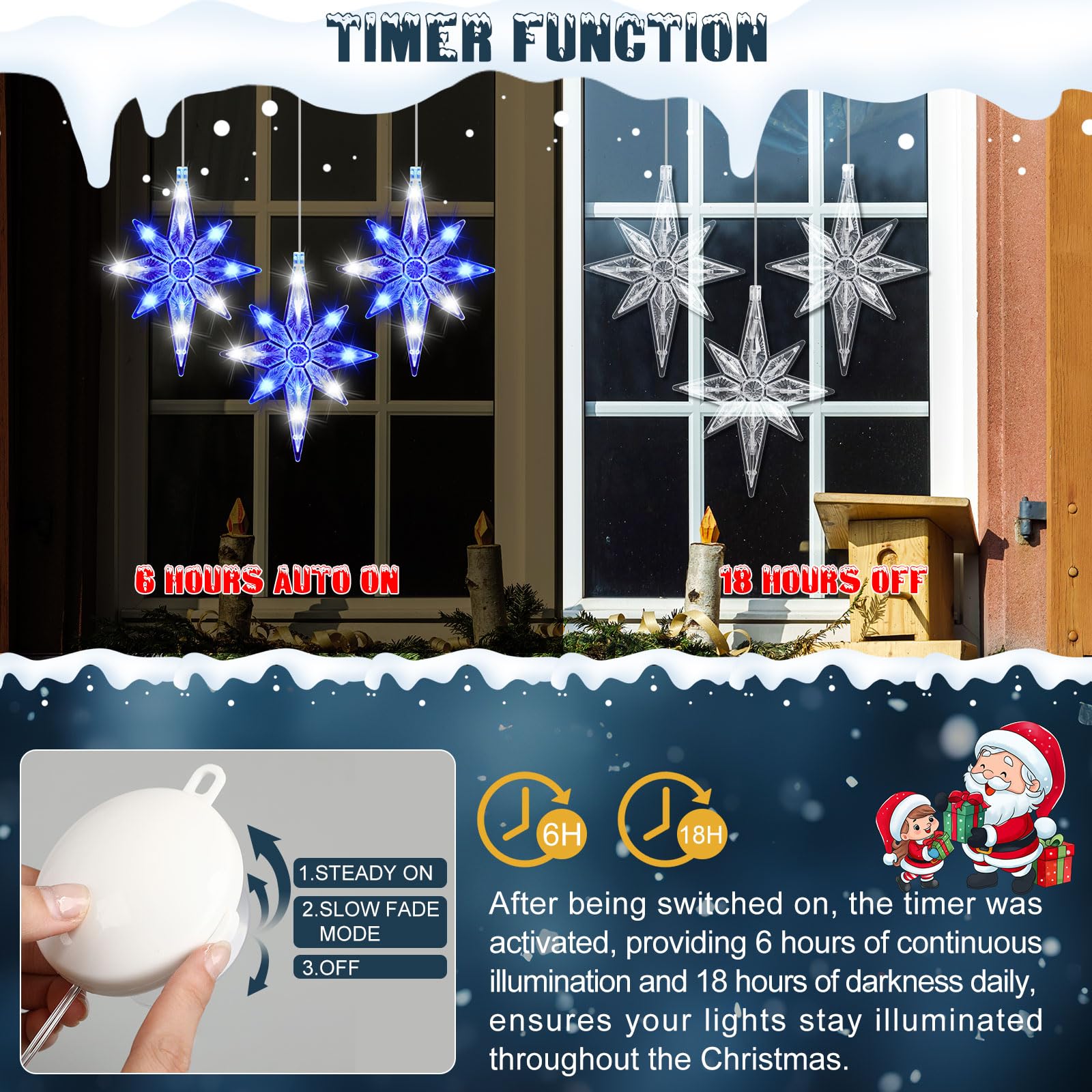 Tujoe Lot de 12 lumières de fenêtre lumineuses avec minuterie, ventouse, fonctionne à piles pour Noël, vacances, Nouvel An, extérieur et intérieur (étoile de Bethléem, bleu blanc)