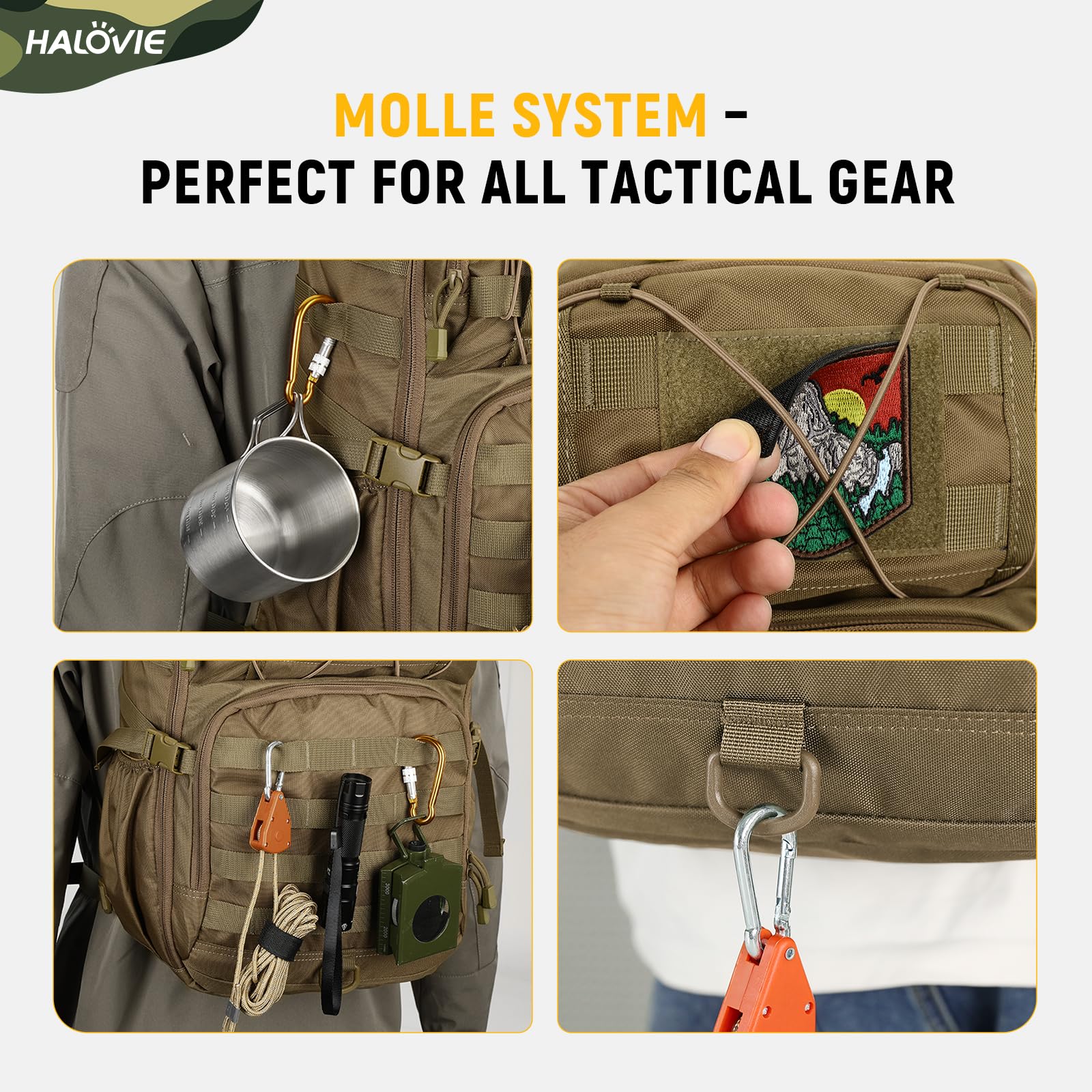 HALOVIE Sac à dos Tactique Militaire 30L, Ultraléger Sac à dos de Randonnée Sac Crossfit pour Voyages Excursion Camping Pêche