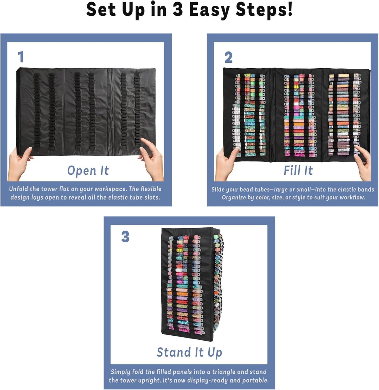 The Beadsmith Bead Tube Tower - Storage Unit for Large & Small Bead Tubes, 8 x 16 Inches, Folds Easily for Storage, Portable, Includes Clear Zippered Pouch w/Handle