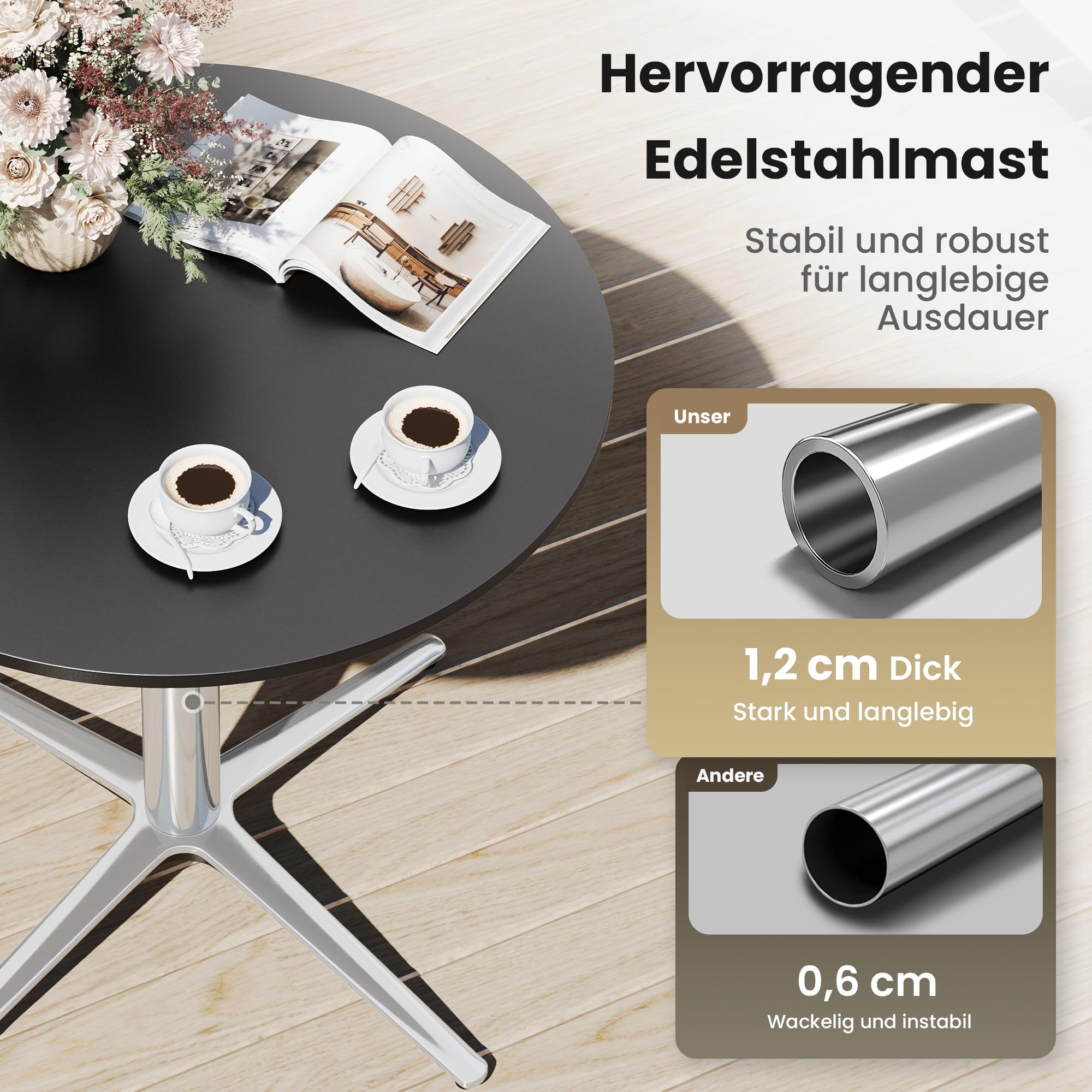 PHI VILLA 2in1 Bistrotisch Rund Wetterfest Esstisch Kleiner Multifunktionstisch für Taverne Garten Balkon Küchen Tisch Ø76x74,5 cm Schwarz