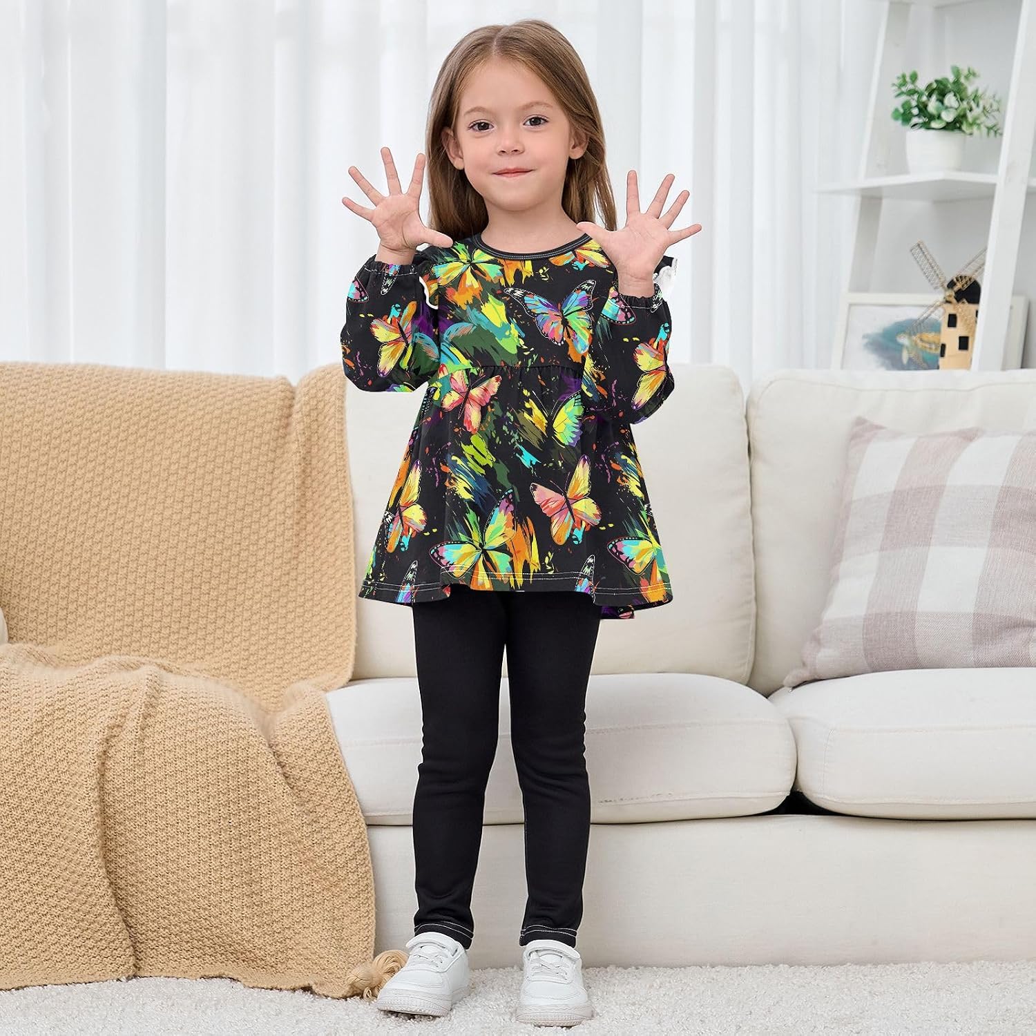 visesunny Toddler Clothes for Girls Oil Painting Butterfly Long Sleeve Fall Shirts Cotton Top with Ruffle Collar