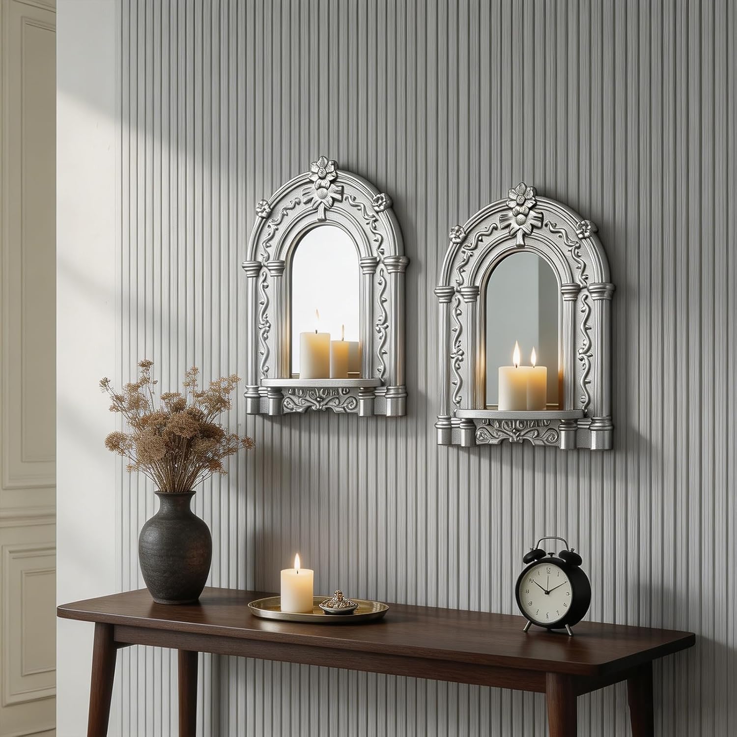 Three-Dimensional Relief Candle Sconces Set 2 Rustic Wall Mount Candle Holders Wood Hanging Wall Decor Mirrored Wall Art Hand Carved Home Decoration Gold